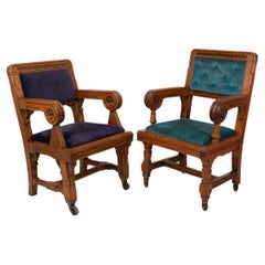 Bruce Talbert, Gillows, Two Rare Gothic Revival Oak Armchair in Blue Upholstery.