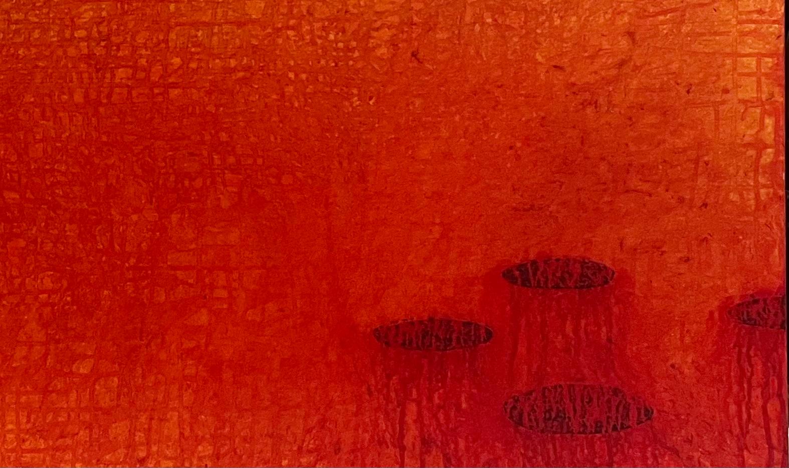 Mid Century Modern Abstract Contemporary Red Hughes “Poppy Pond” - Painting by Bruce tolman