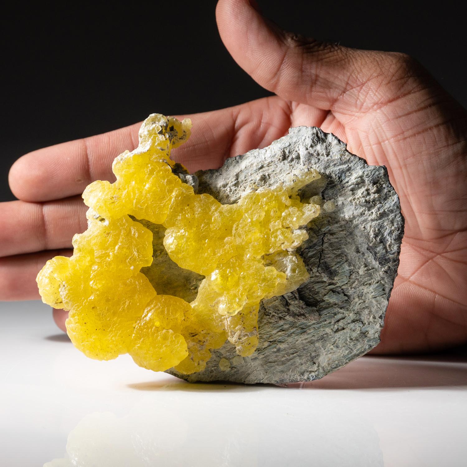 De Qilla (Killa) Saifullah Chrome Mines, nord-ouest du Baluchistan, Pakistan Amas hémisphérique lustré de cristaux de brucite jaune citron transparents à translucides sur matrice. Ce minéral magnifique et unique est une excellente source de calcium