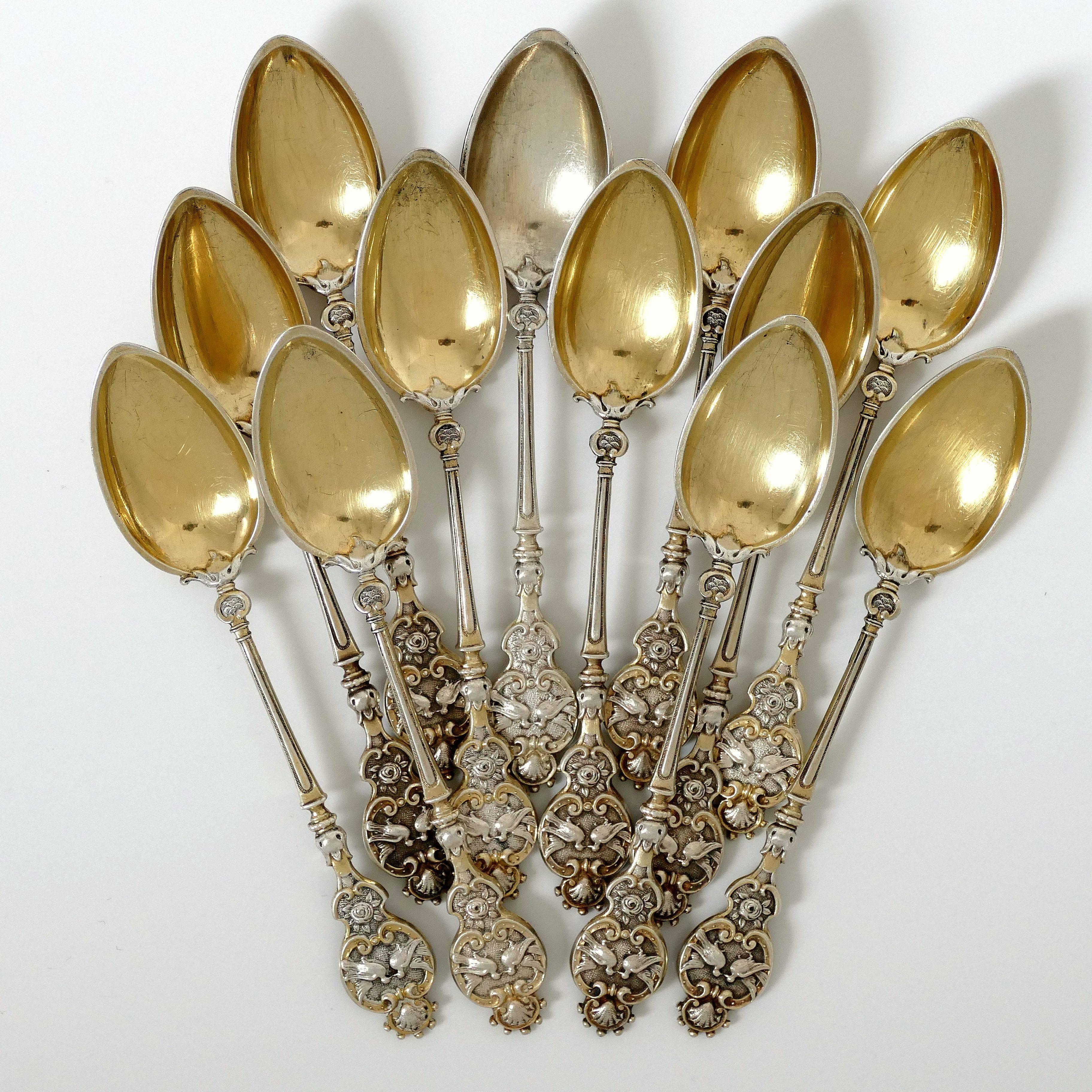 Art Nouveau Bruckmann & Söhne Sterling Silver Gold Tea Coffee Spoons Set of 12 Pieces, Doves For Sale