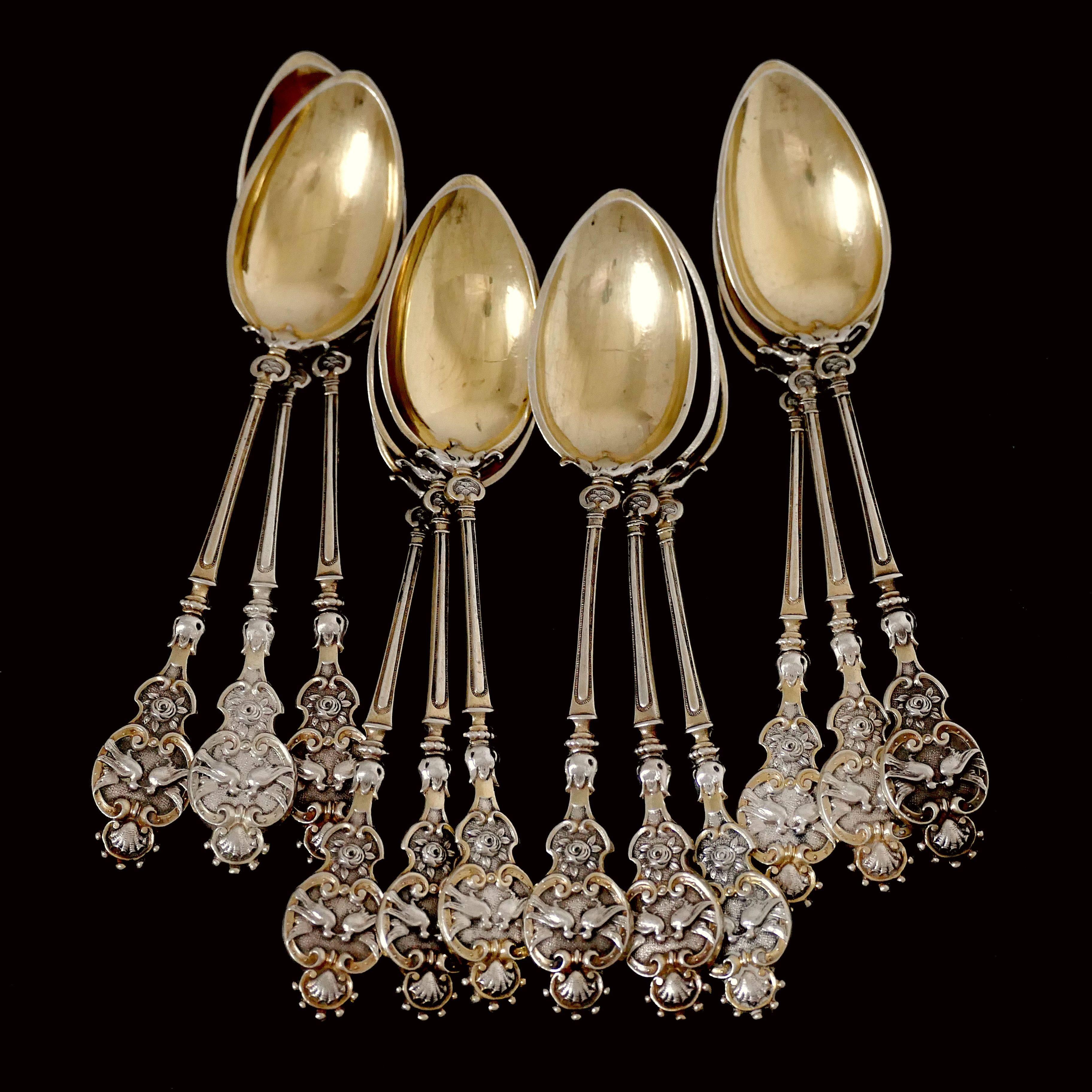 Late 19th Century Bruckmann & Söhne Sterling Silver Gold Tea Coffee Spoons Set of 12 Pieces, Doves For Sale