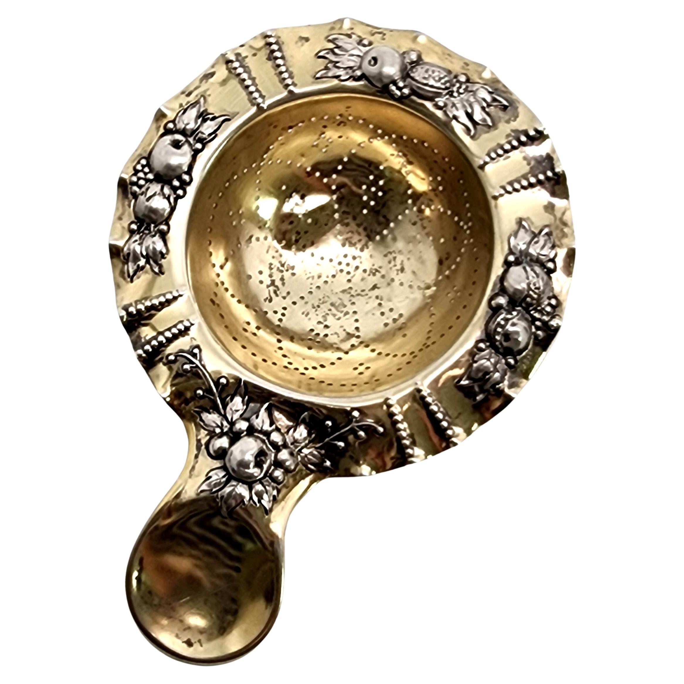 Bruckmann & Stohne German 800 Silver Gold Vermeil Fruit Design Tea Strainer For Sale