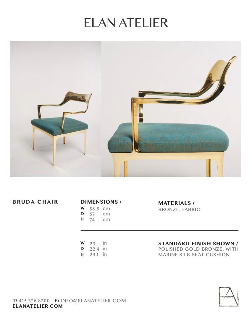 Bruda Armchair in Polished Gold Bronze with Marine Silk by Elan Atelier IN STOCK For Sale 3