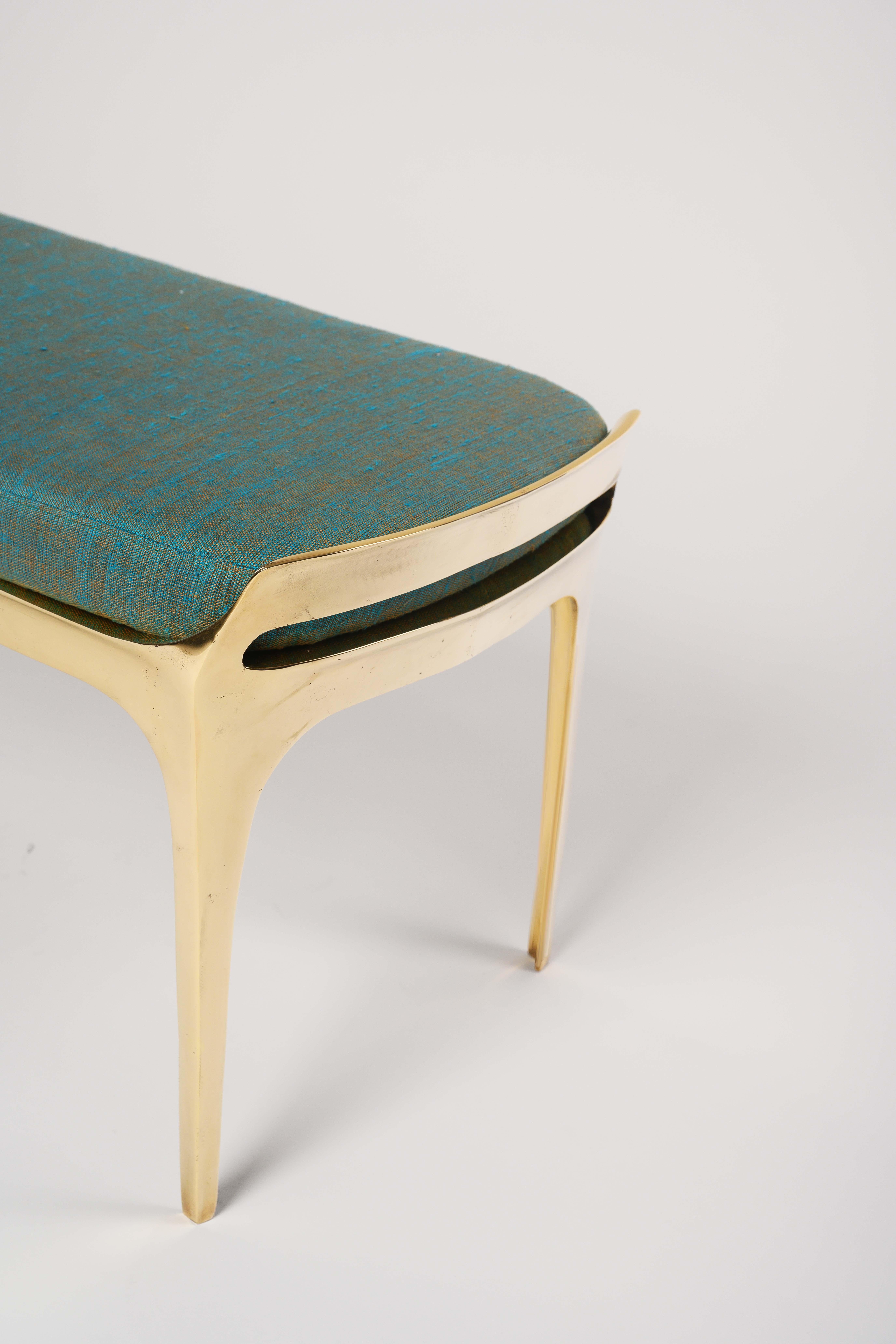 Modern Bruda Bench with Gold Bronze Frame and Blue Seat by Elan Atelier (IN STOCK) For Sale