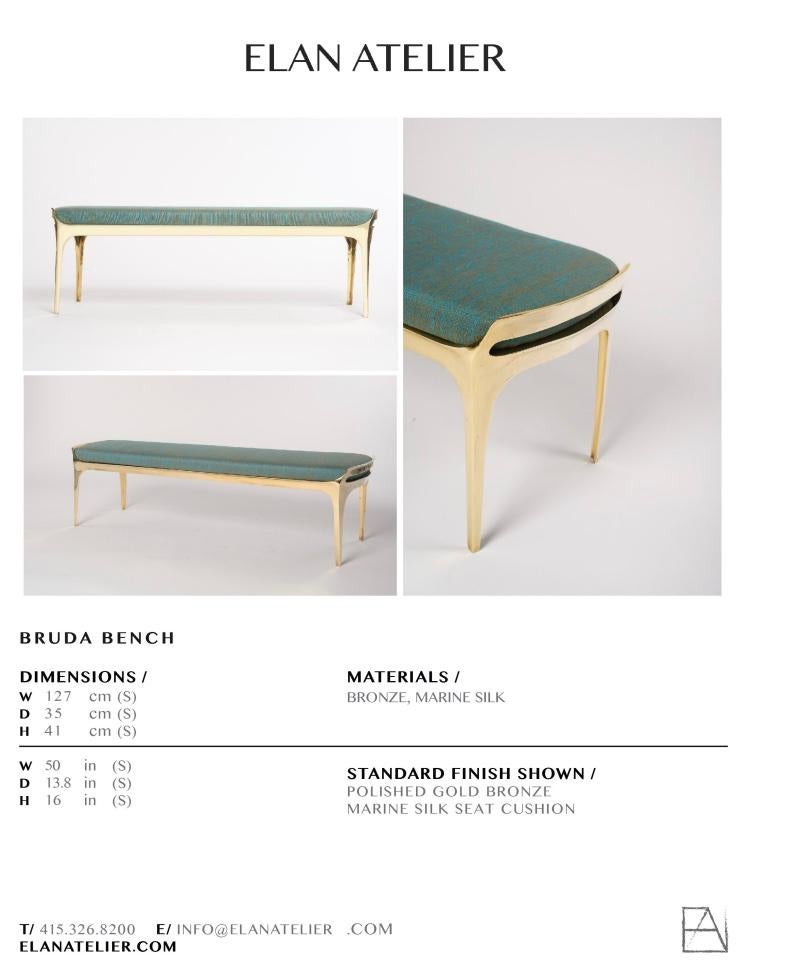 European Bruda Bench with Gold Bronze Frame and Blue Seat by Elan Atelier (IN STOCK) For Sale