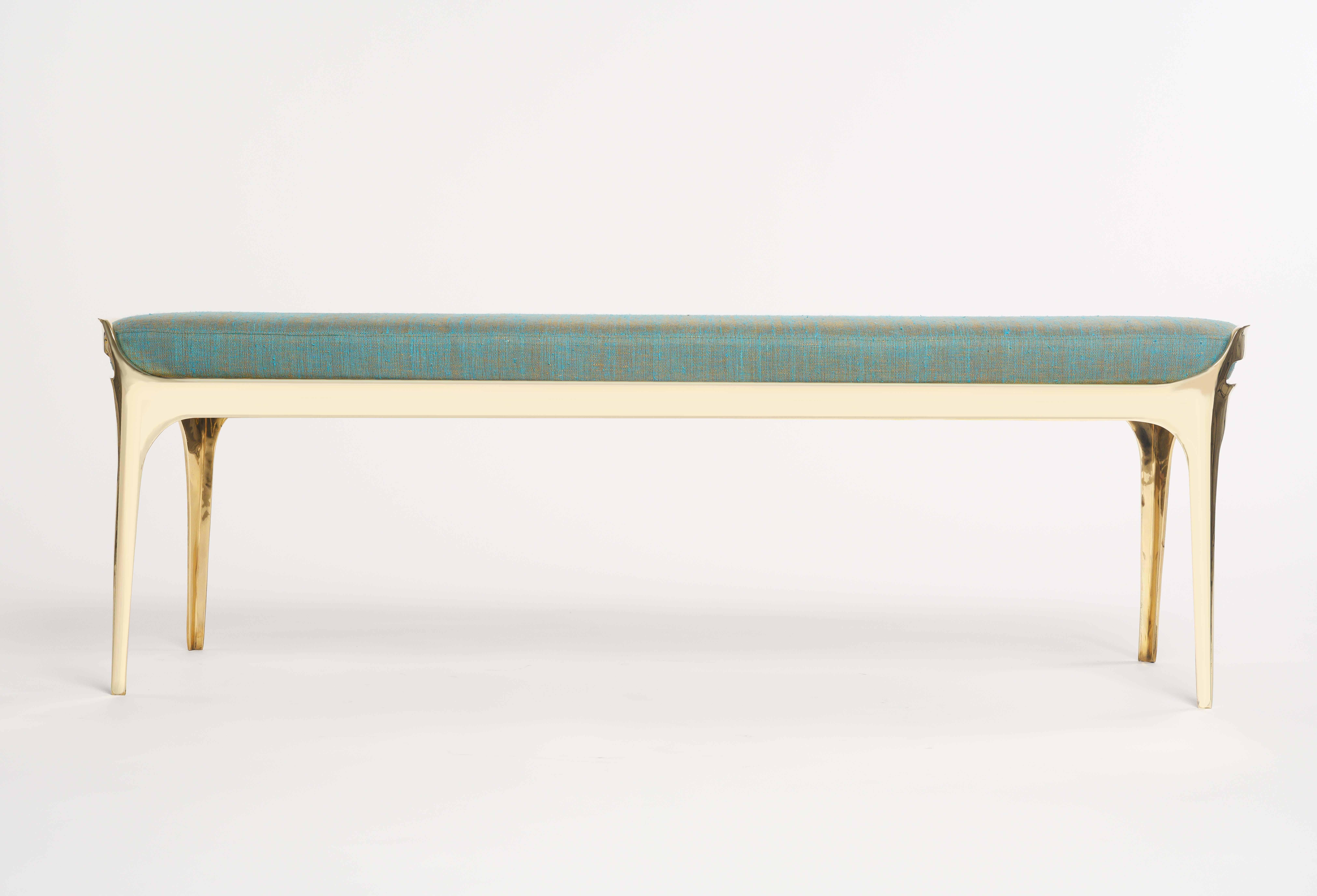 Contemporary Bruda Bench with Gold Bronze Frame and Blue Seat by Elan Atelier (IN STOCK) For Sale