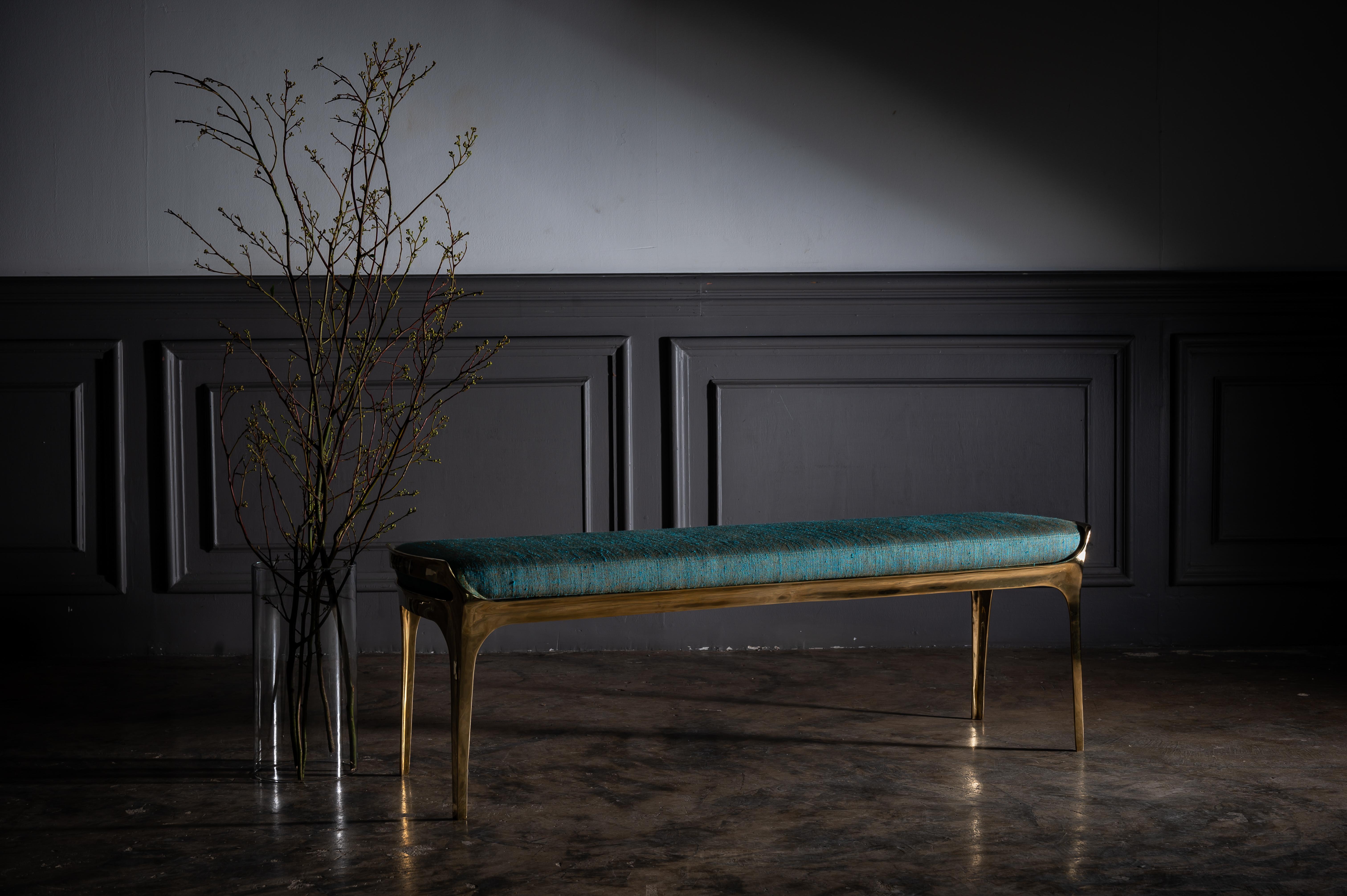 Bruda Bench with Gold Bronze Frame and Blue Seat by Elan Atelier (IN STOCK) For Sale 3