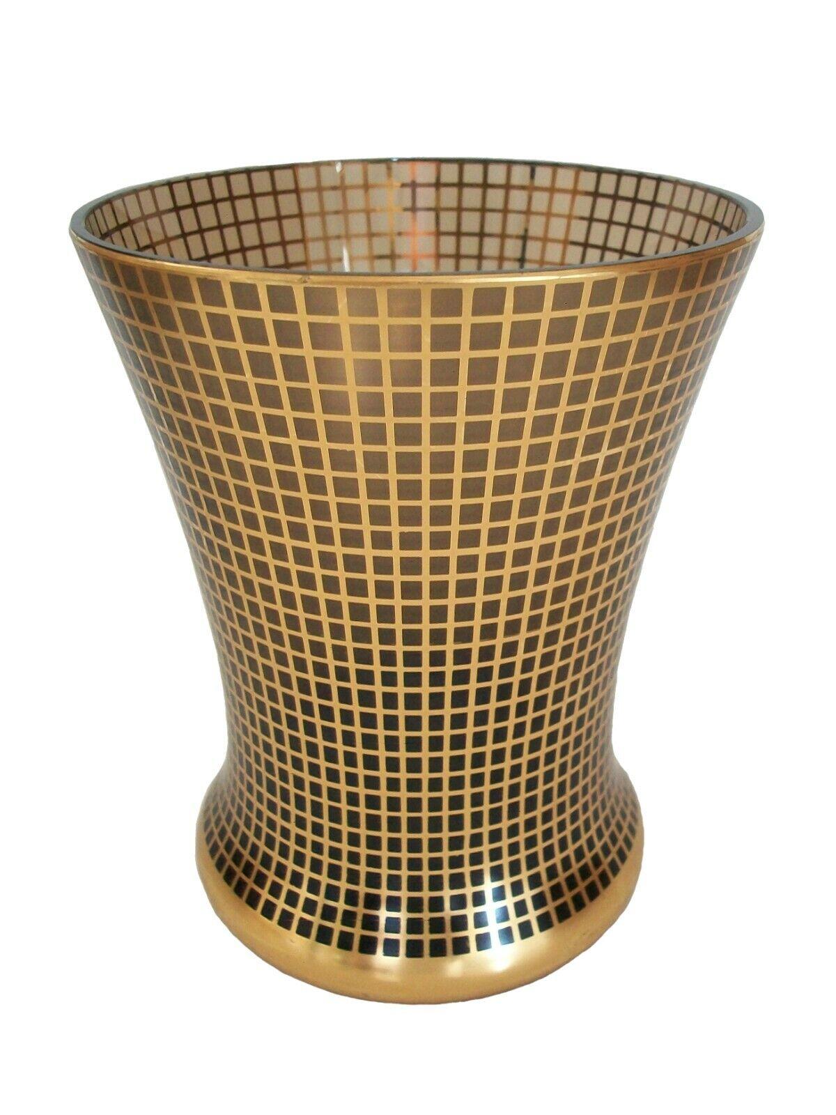 Brüder Podbira - Antique Art Deco topaz glass vase with gilded grid decoration - the design heavily influenced by the work of Josef Hoffmann and the Wiener Werkstätte - striking design with hand applied gilding - rare beaker form with wheel polished