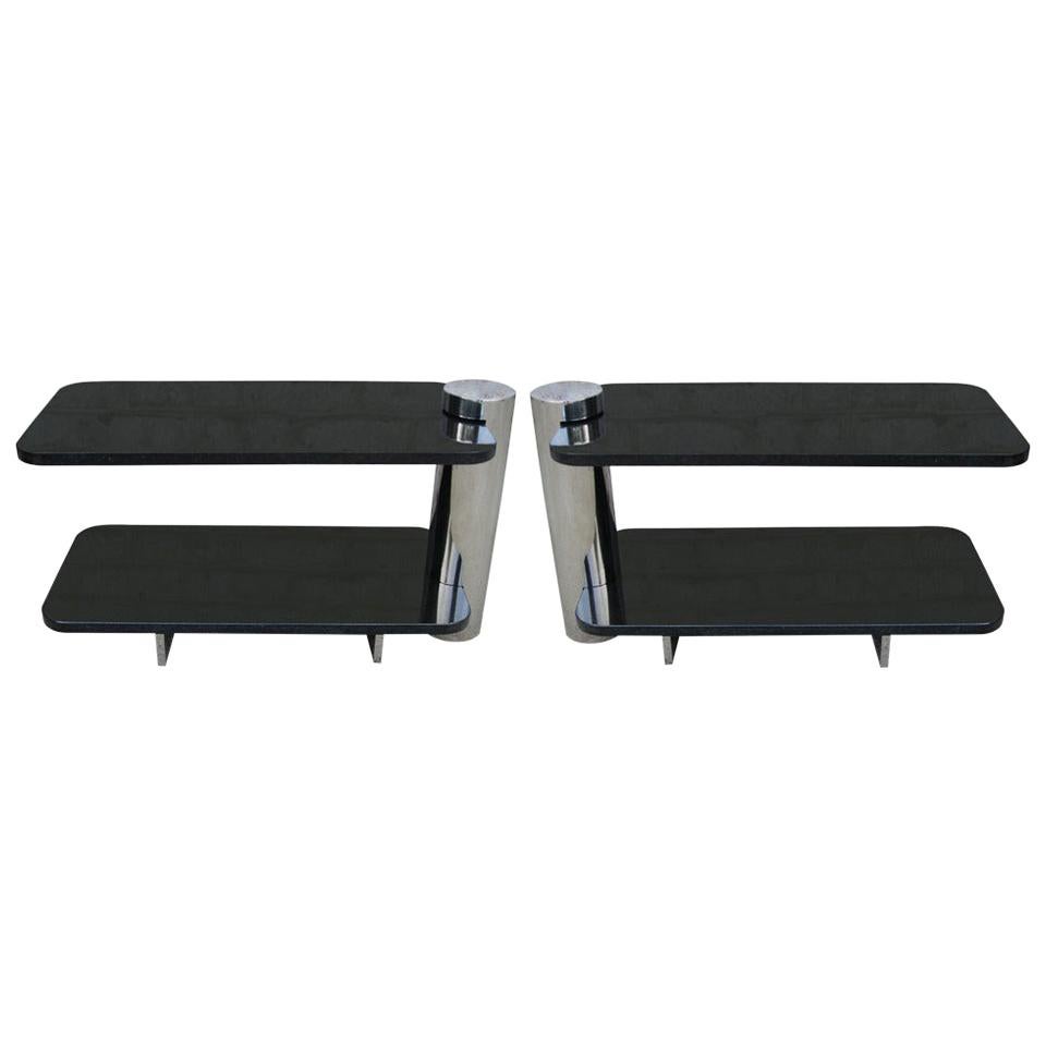 Brueton Bi-Level Black Granite and Chrome Side Table, Pairs