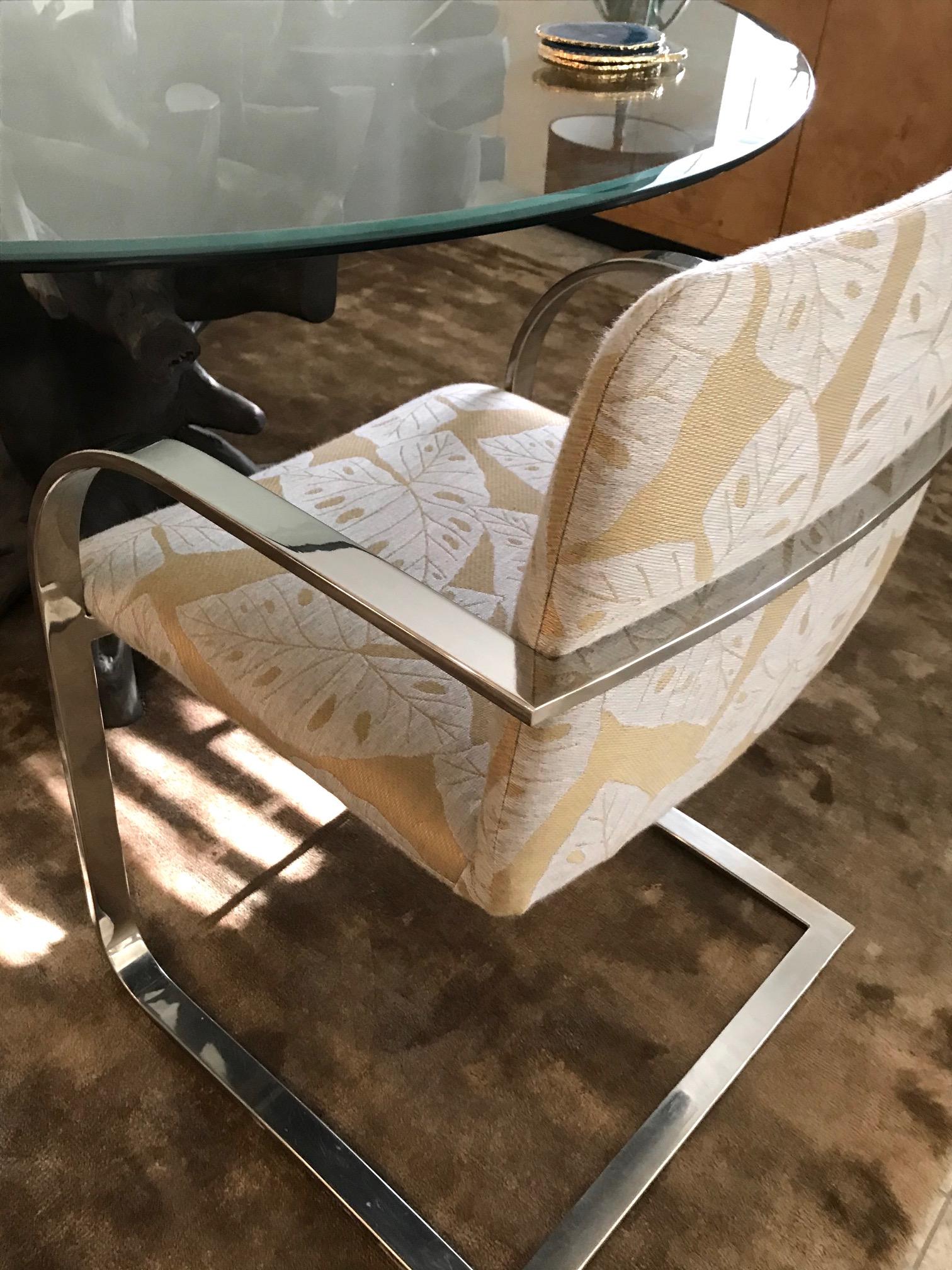 Stainless Steel Brueton Cantilevered Chrome Desk Chair with Woven Tropical Print, circa 1970s