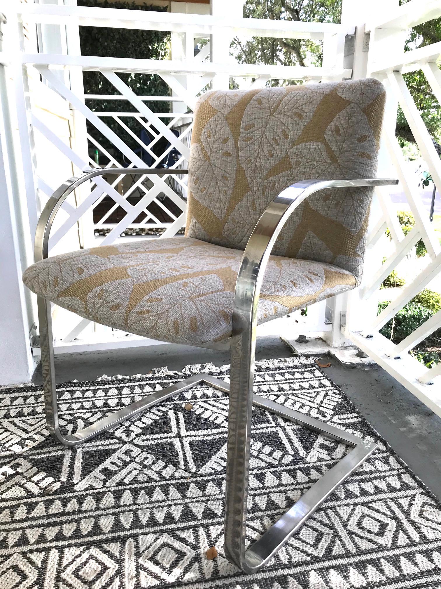 Brueton Cantilevered Chrome Desk Chair with Woven Tropical Print, circa 1970s 1