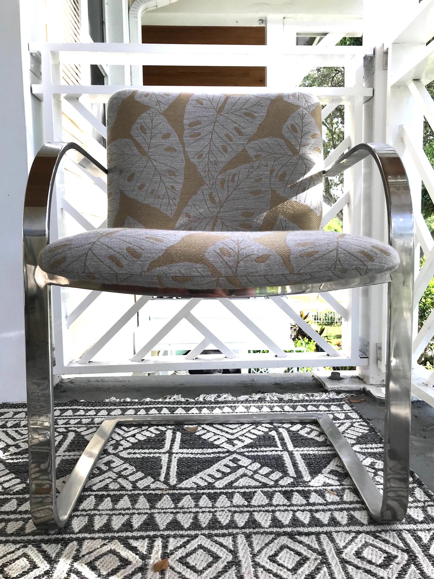 Brueton Cantilevered Chrome Desk Chair with Woven Tropical Print, circa 1970s 2