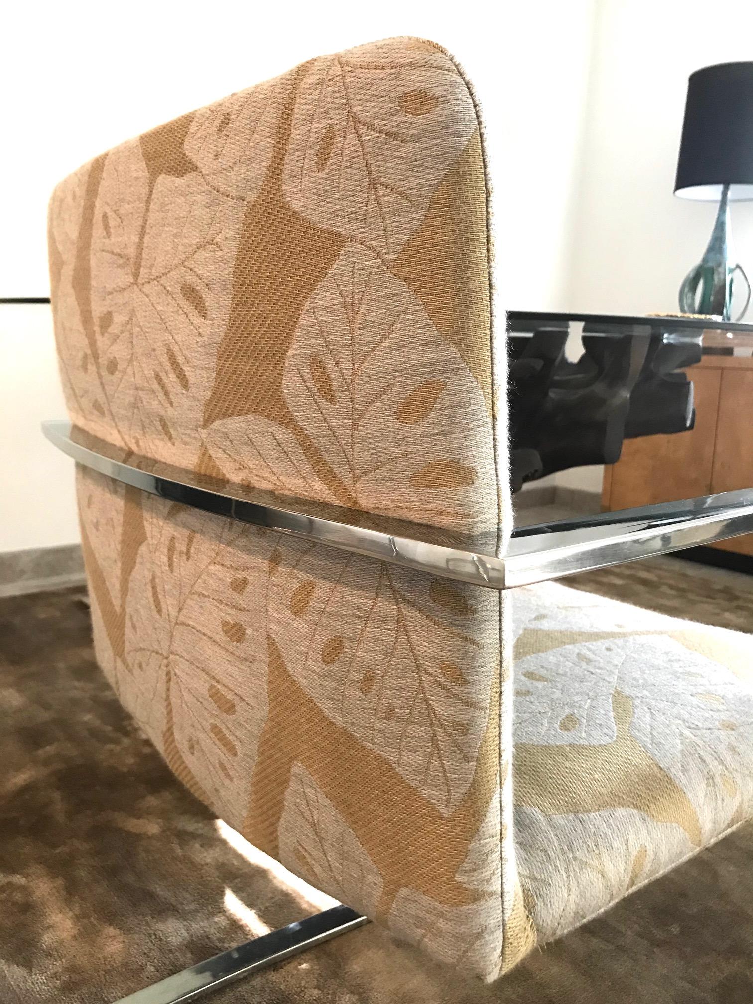 Brueton Cantilevered Chrome Desk Chair with Woven Tropical Print, circa 1970s In Good Condition In Fort Lauderdale, FL