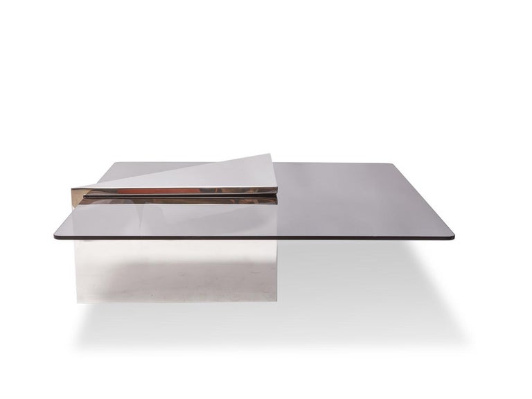 Late 20th Century Brueton Cantilevered Glass and Polished Steel Coffee Table For Sale