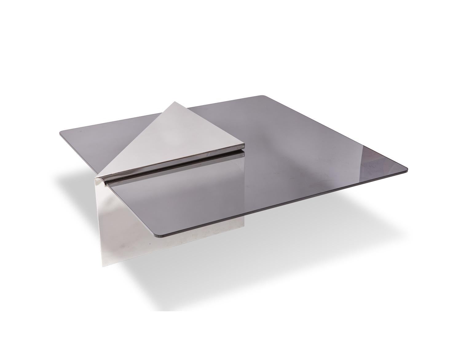 Late 20th Century Brueton Cantilevered Glass and Polished Steel Coffee Table For Sale