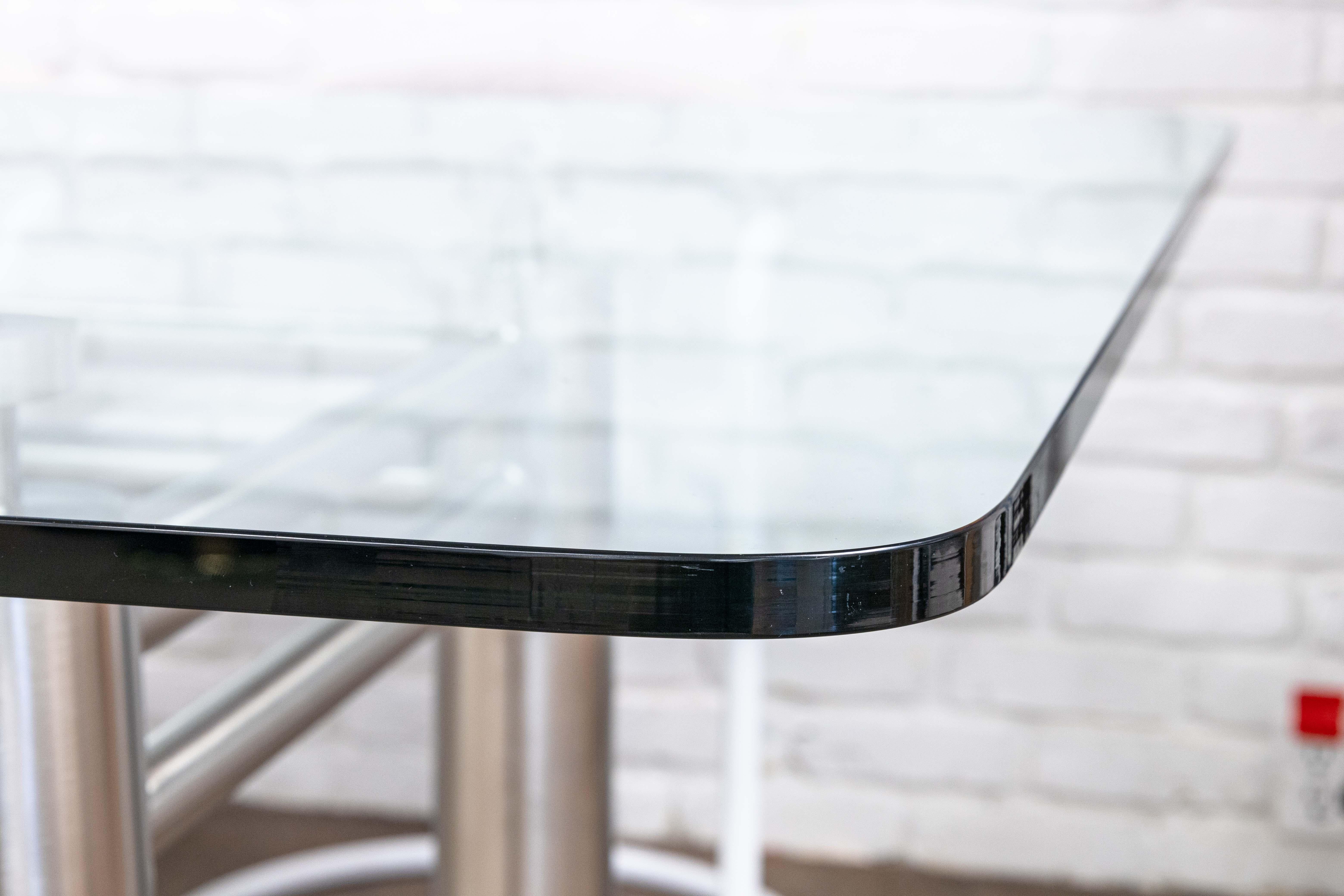 Brueton Contemporary Modern Stainless Steel and Glass Dining Room Table w Wheels For Sale 1