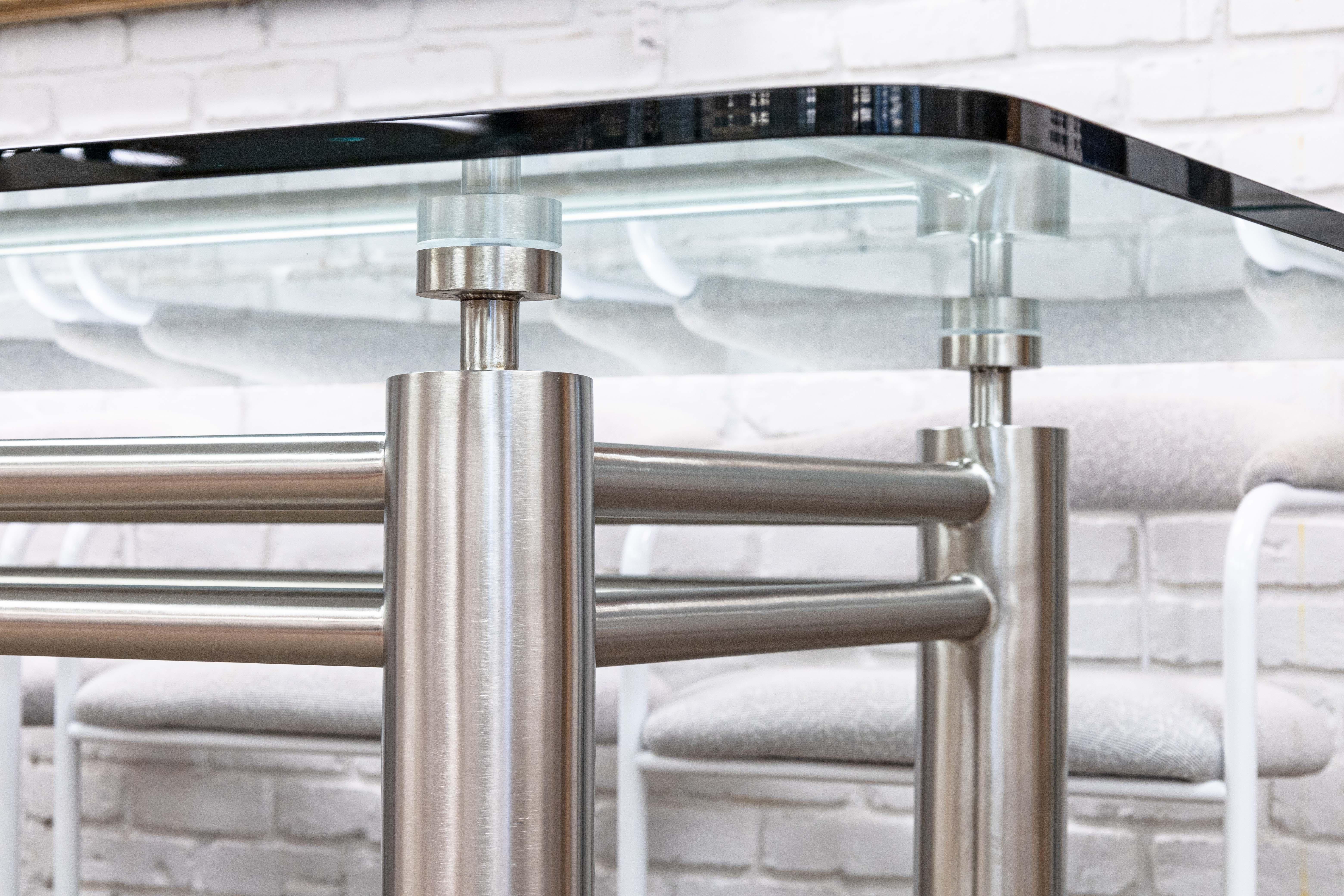 Brueton Contemporary Modern Stainless Steel and Glass Dining Room Table w Wheels For Sale 2
