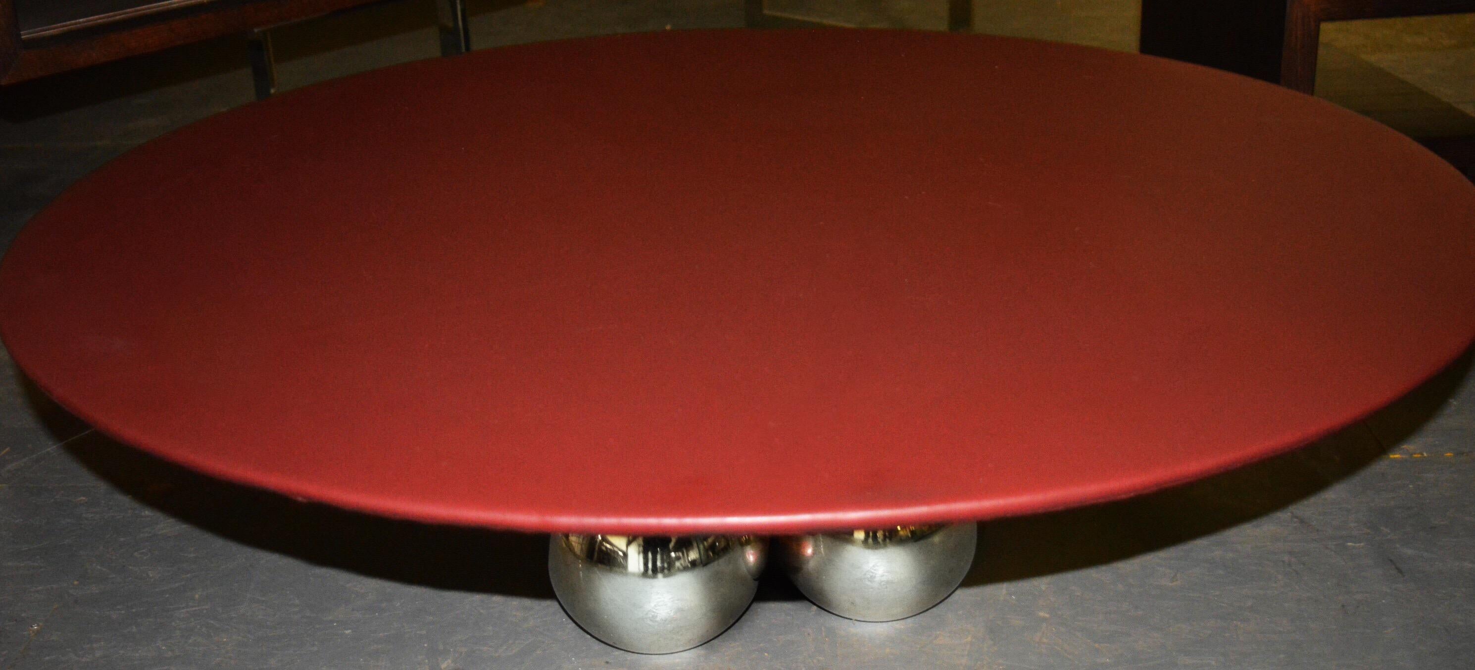 Modern Brueton Bocci Coffee Table Cordovan Leather Floating Steel Orbs 1980s Memphis