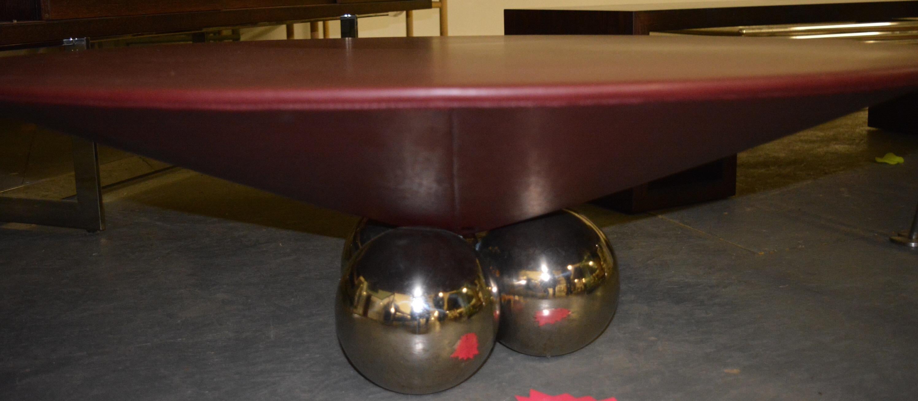 American Brueton Bocci Coffee Table Cordovan Leather Floating Steel Orbs 1980s Memphis 