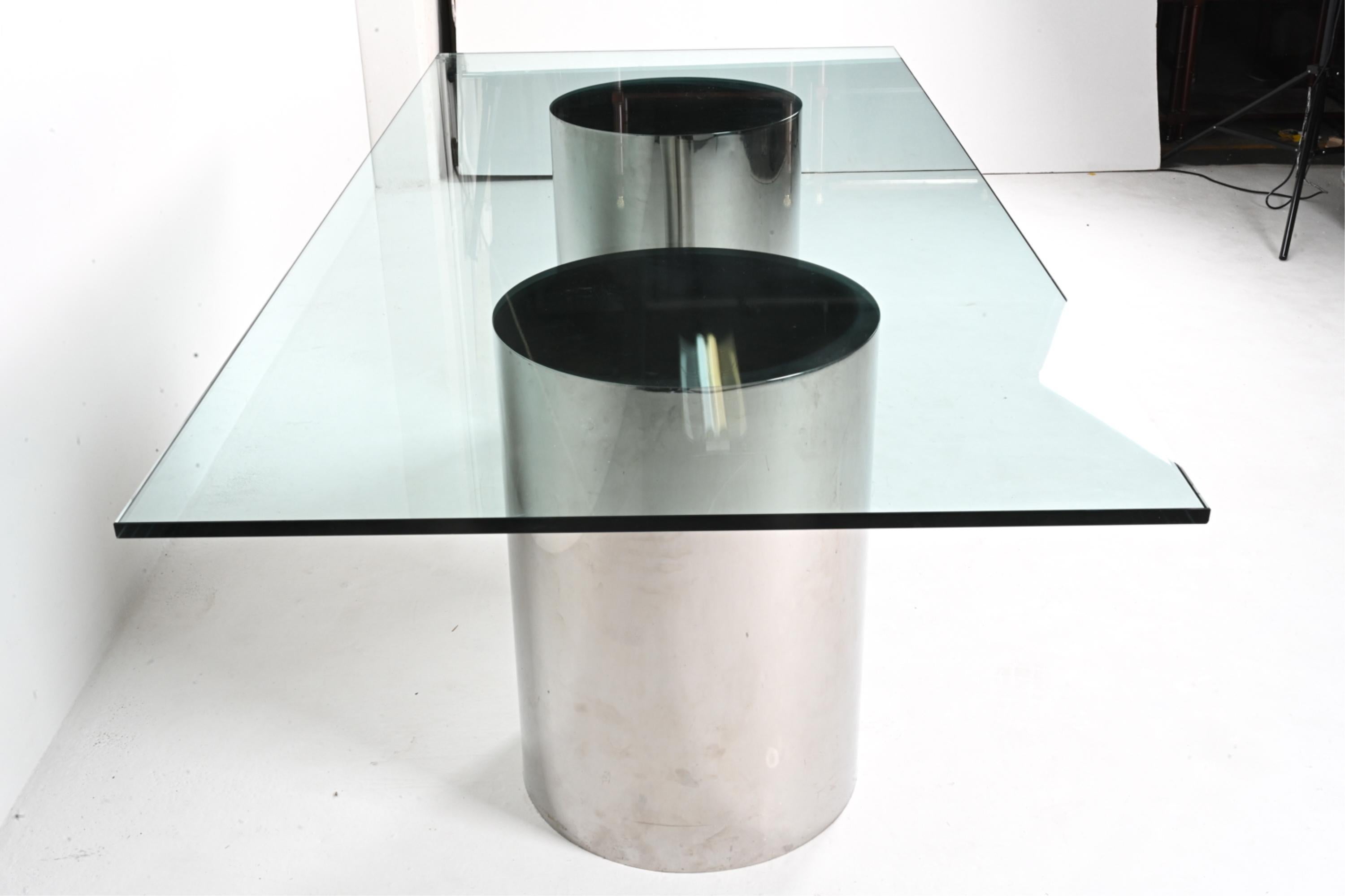 Table de salle à manger Brueton DT Drum en acier poli et verre trempé, vers 1970 en vente 1