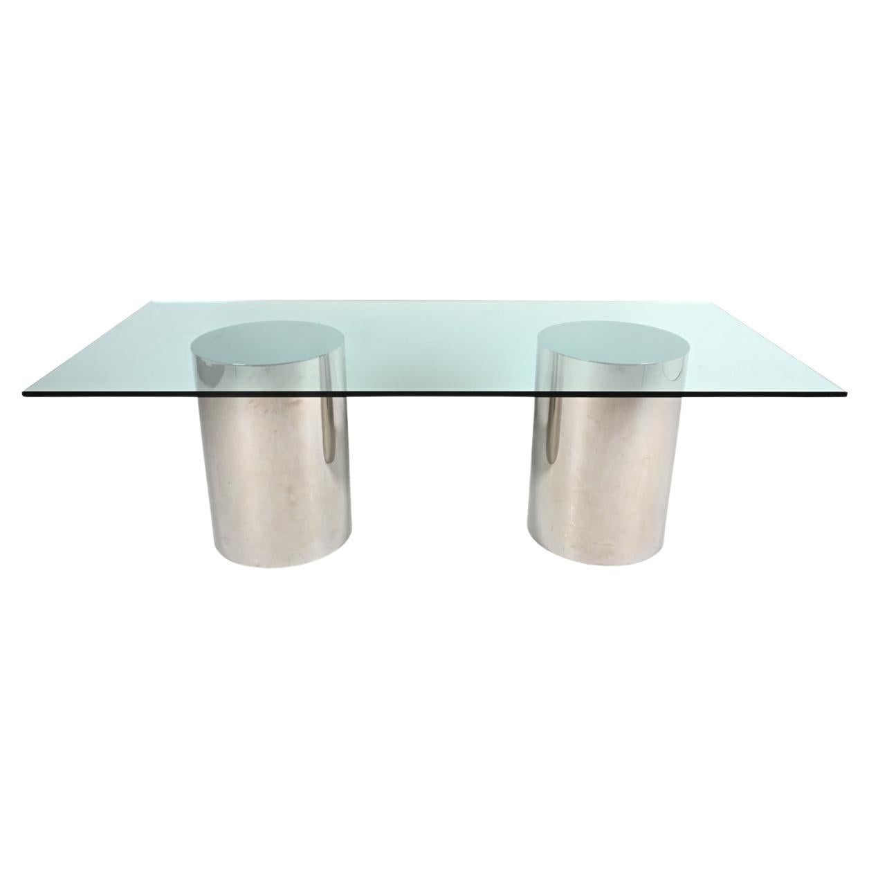 Brueton "DT Drum" Dining Table in Polished Steel & Tempered Glass, c. 1970's For Sale