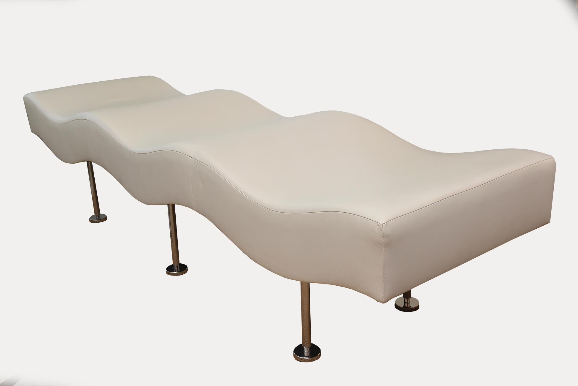 Vintage Brueton Undulatus Wave Bench with Stainless Steel Legs Tan Leather Top For Sale 6