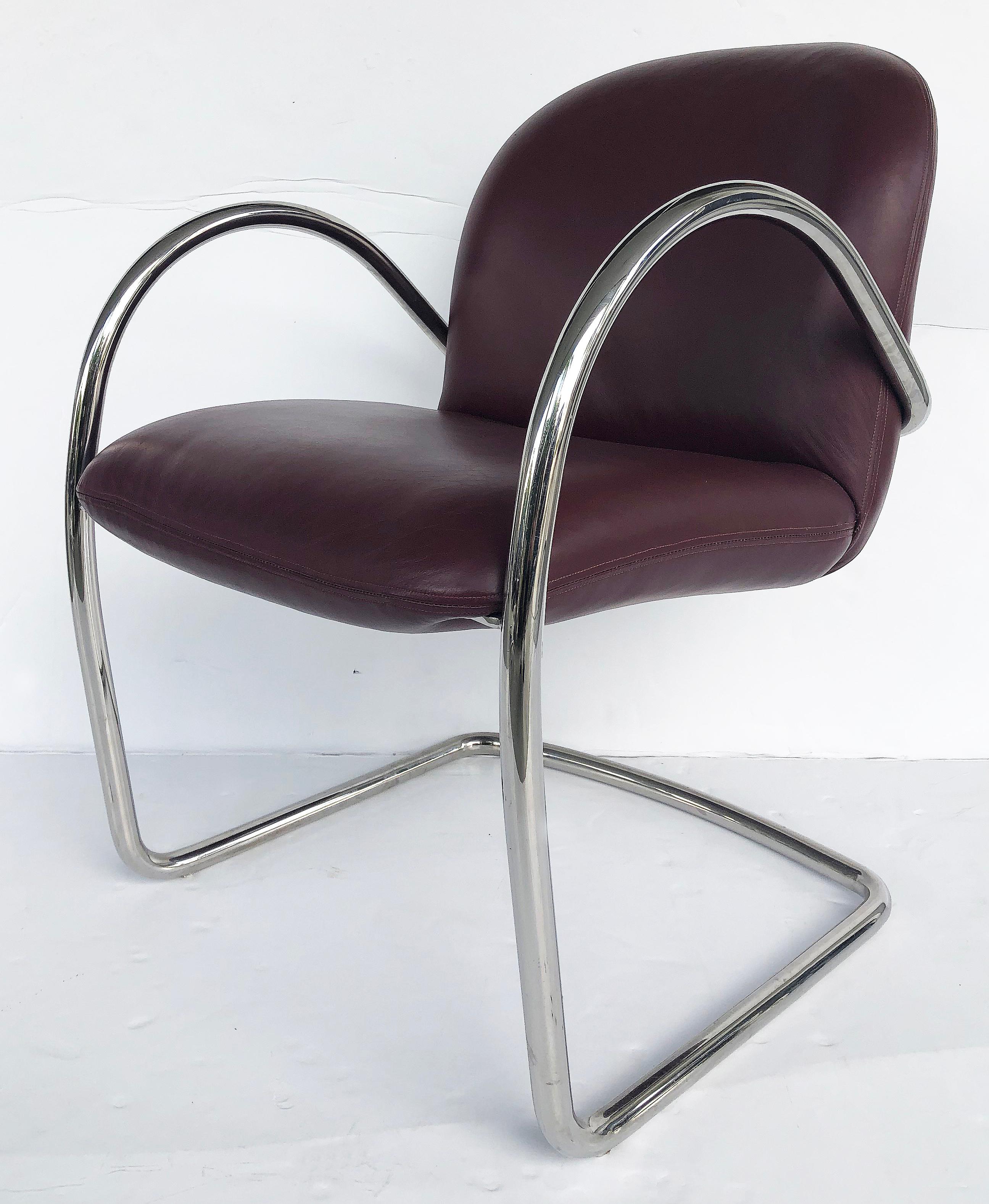 Modern Brueton Leather and Stainless Cantilevered Chairs, Set of 8 For Sale
