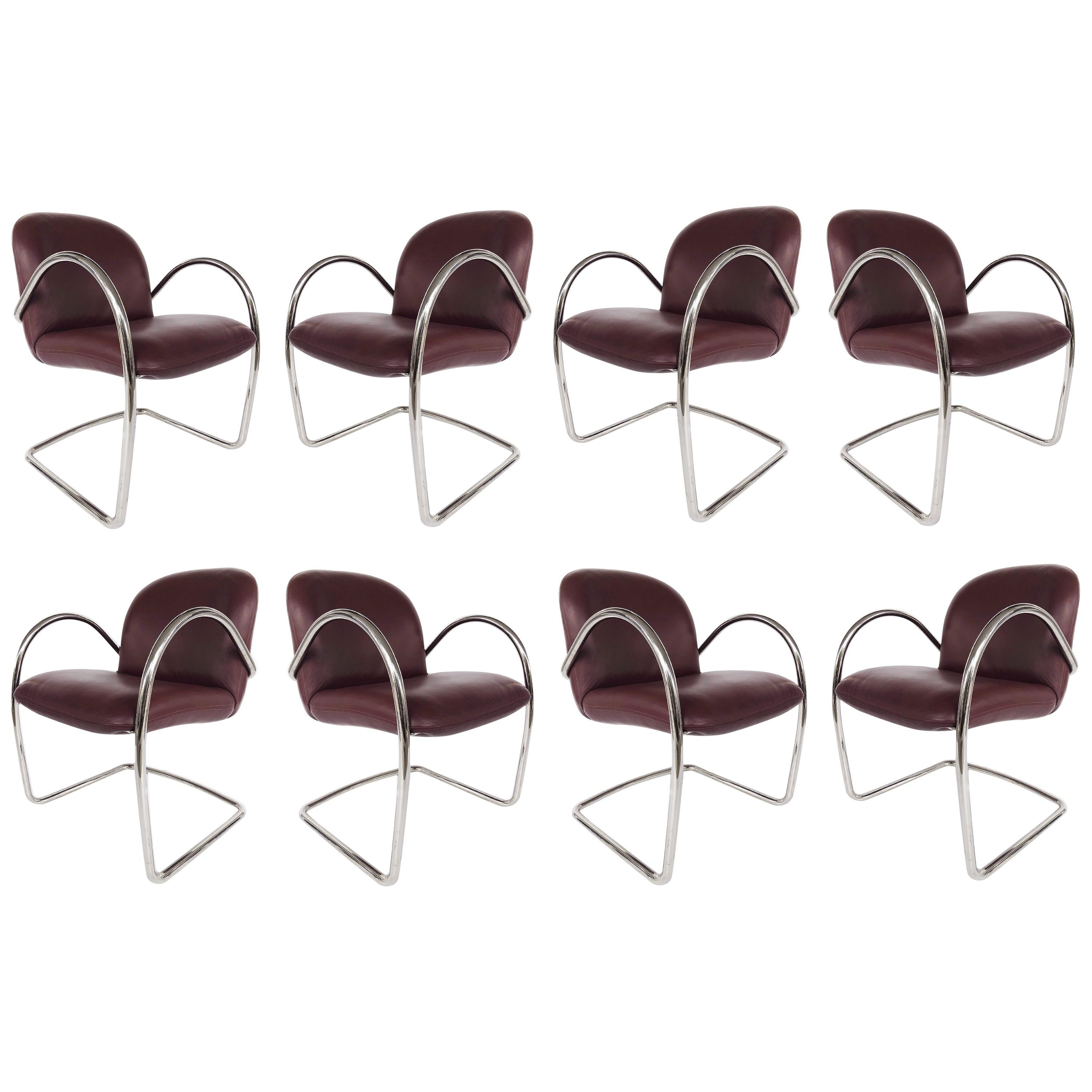 Brueton Leather and Stainless Cantilevered Chairs, Set of 8 For Sale