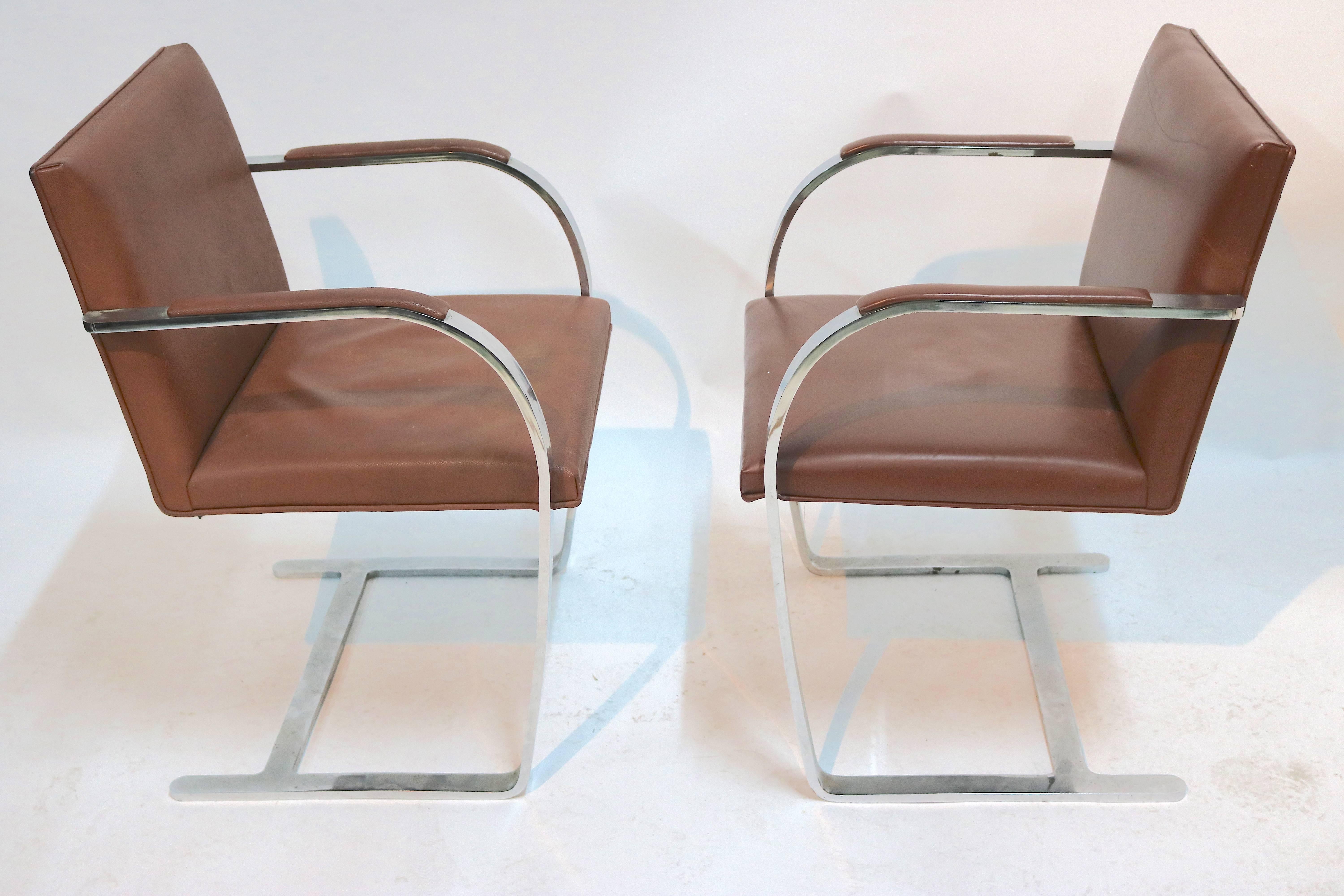 Mid-Century Modern Brueton Leather 'Brno' Armchairs Flat Bar, 1960s For Sale