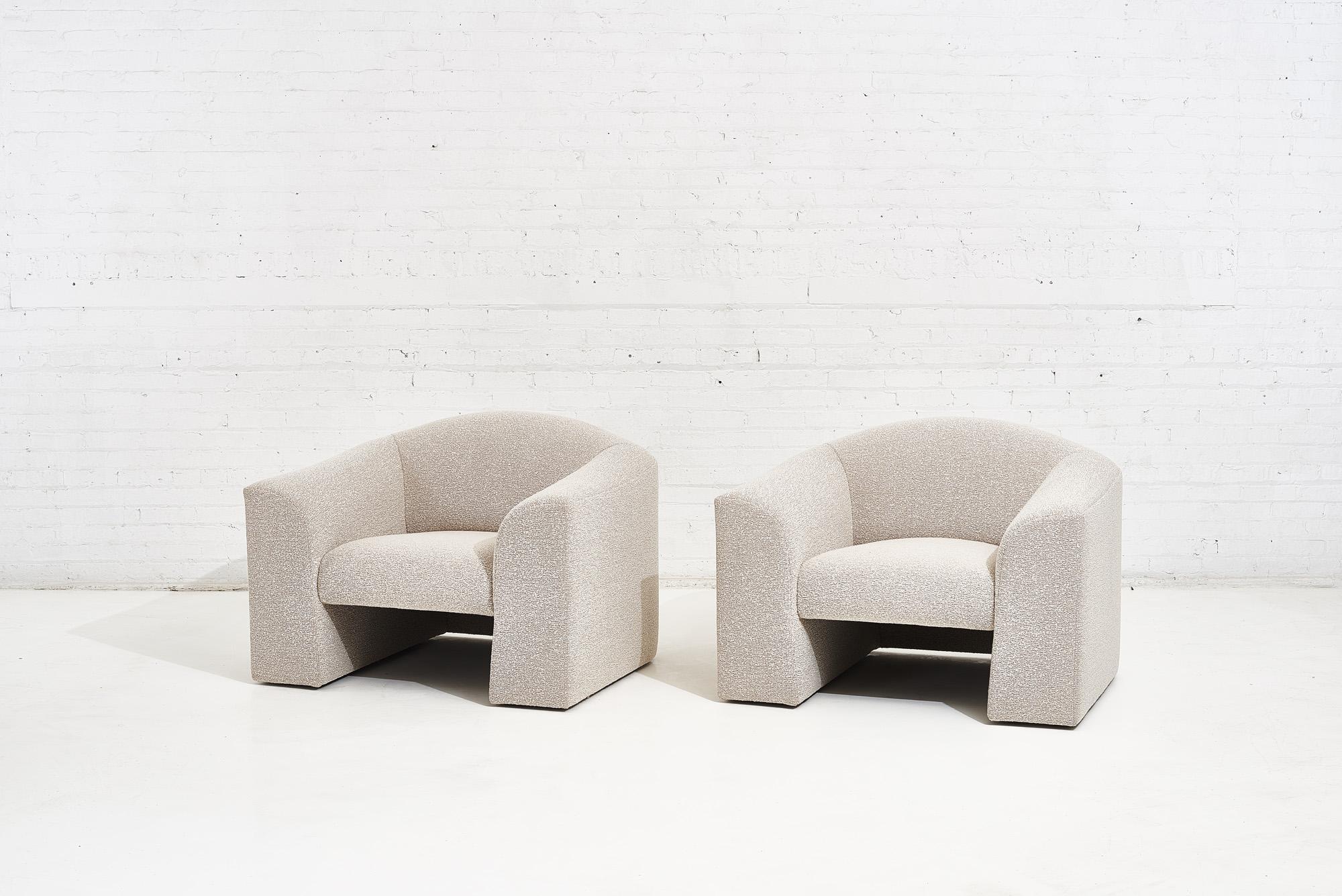 Brayton “Lario” lounge chairs in white boucle, circa 1980’s.  Designed by Walter Knoll.  Fully restored in off white boucle.