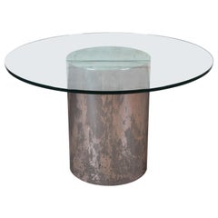 Brueton Table de salle à manger à piédestal rond en acier poli et verre:: de style moderne du milieu du siècle dernier