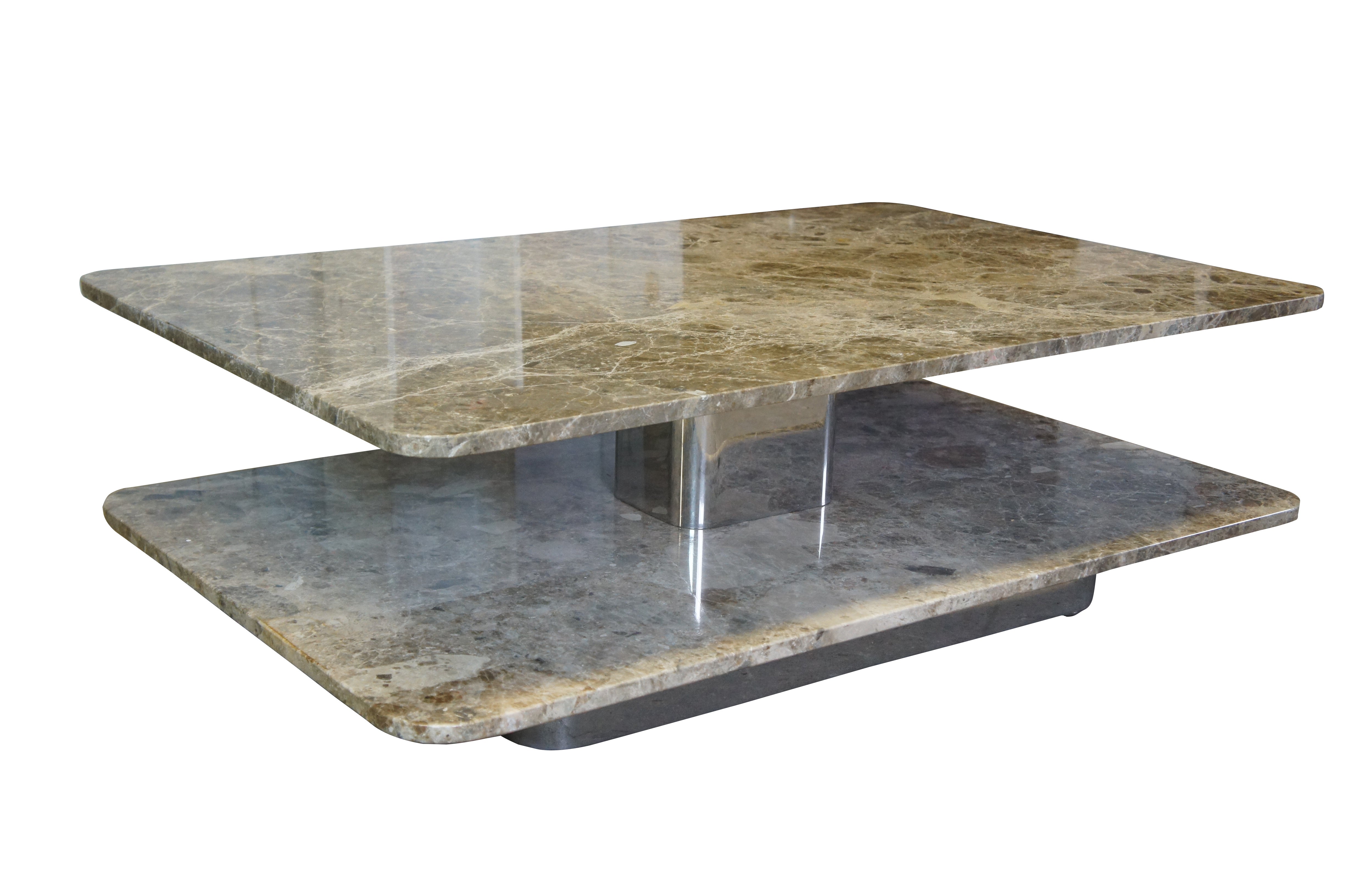Brueton Mid Century Modern Stainless Steel & Marble Swivel Coffee Cocktail Table