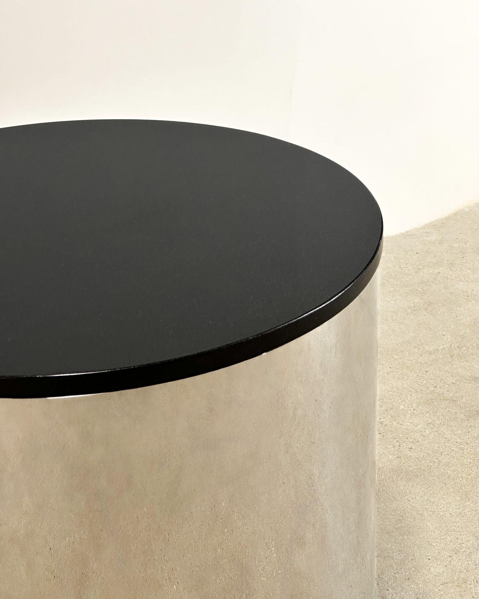 Mid-Century Modern Brueton Polished Stainless Steel/Marble Drum side/end Table, 1970 For Sale