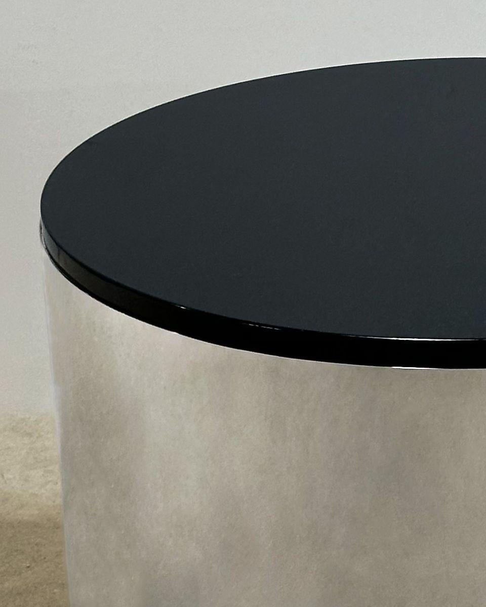 American Brueton Polished Stainless Steel/Marble Drum side/end Table, 1970 For Sale