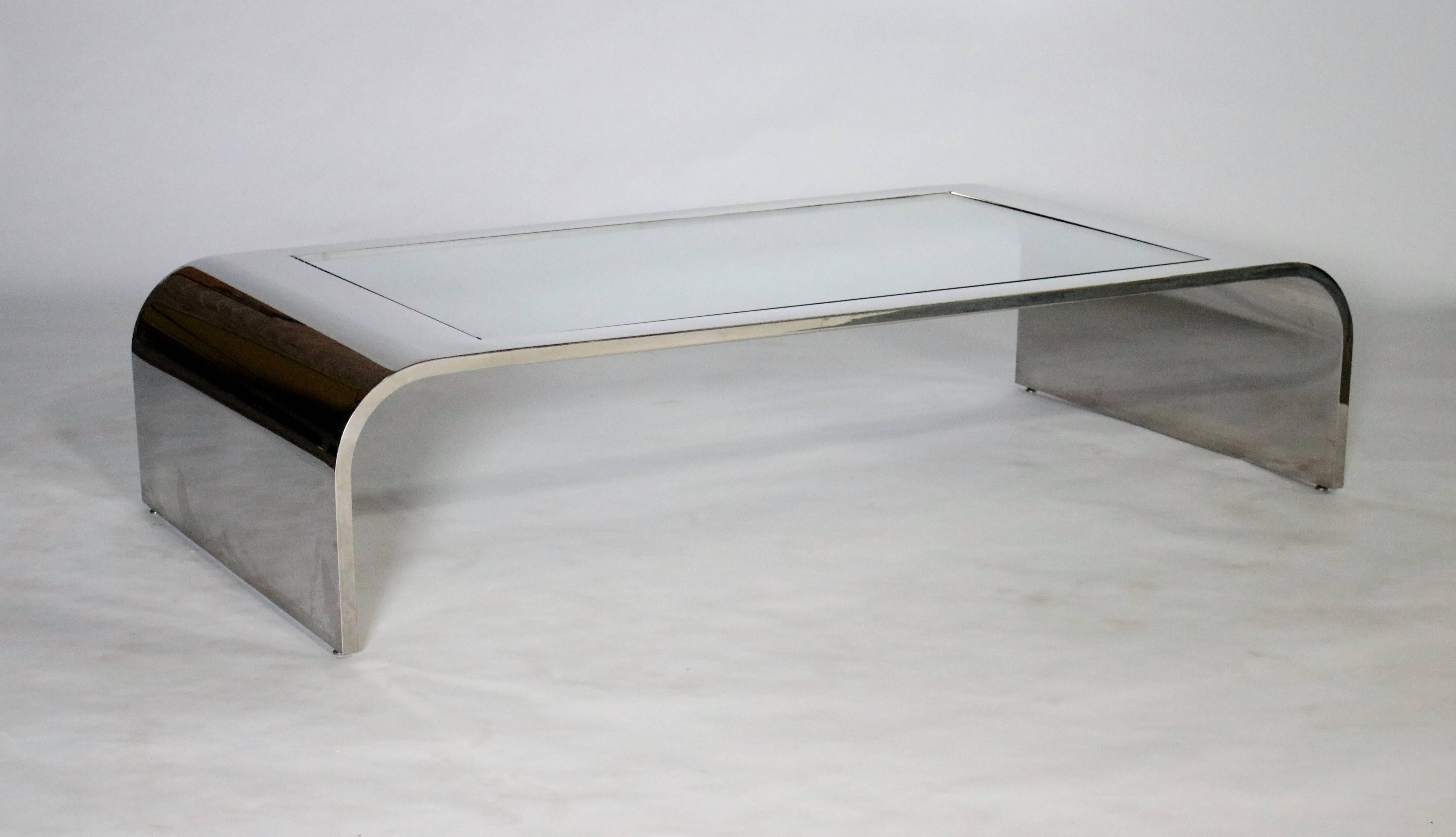 Stainless Steel Brueton Polished Steel and Glass Waterfall Cocktail Table