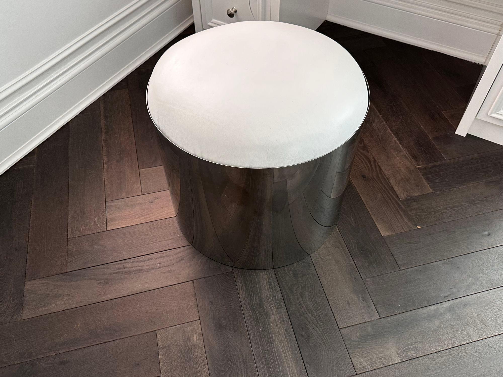American Brueton Stainless Steel Stool with White Leather Cushion, 1970 For Sale
