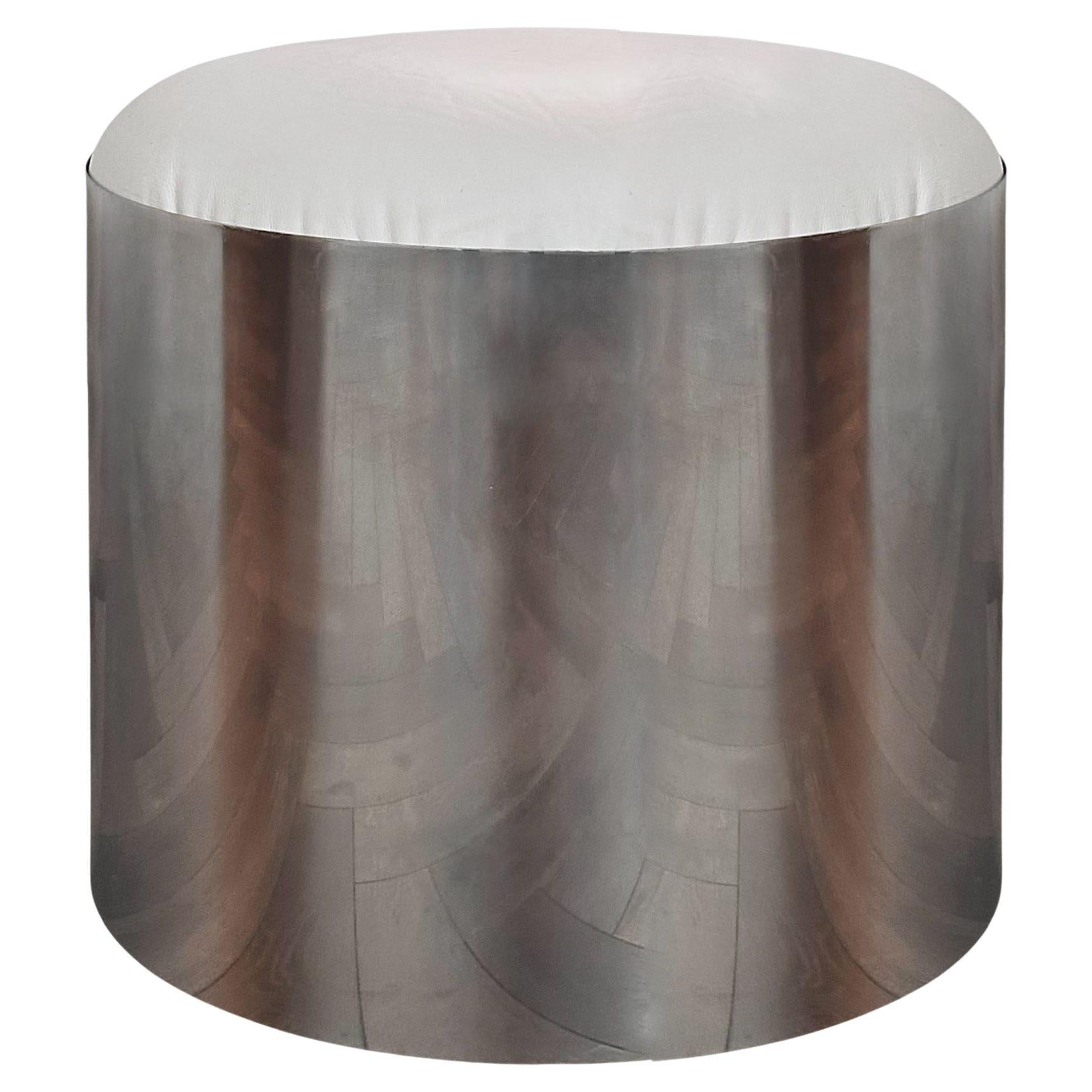 Brueton Stainless Steel Stool with White Leather Cushion, 1970 For Sale