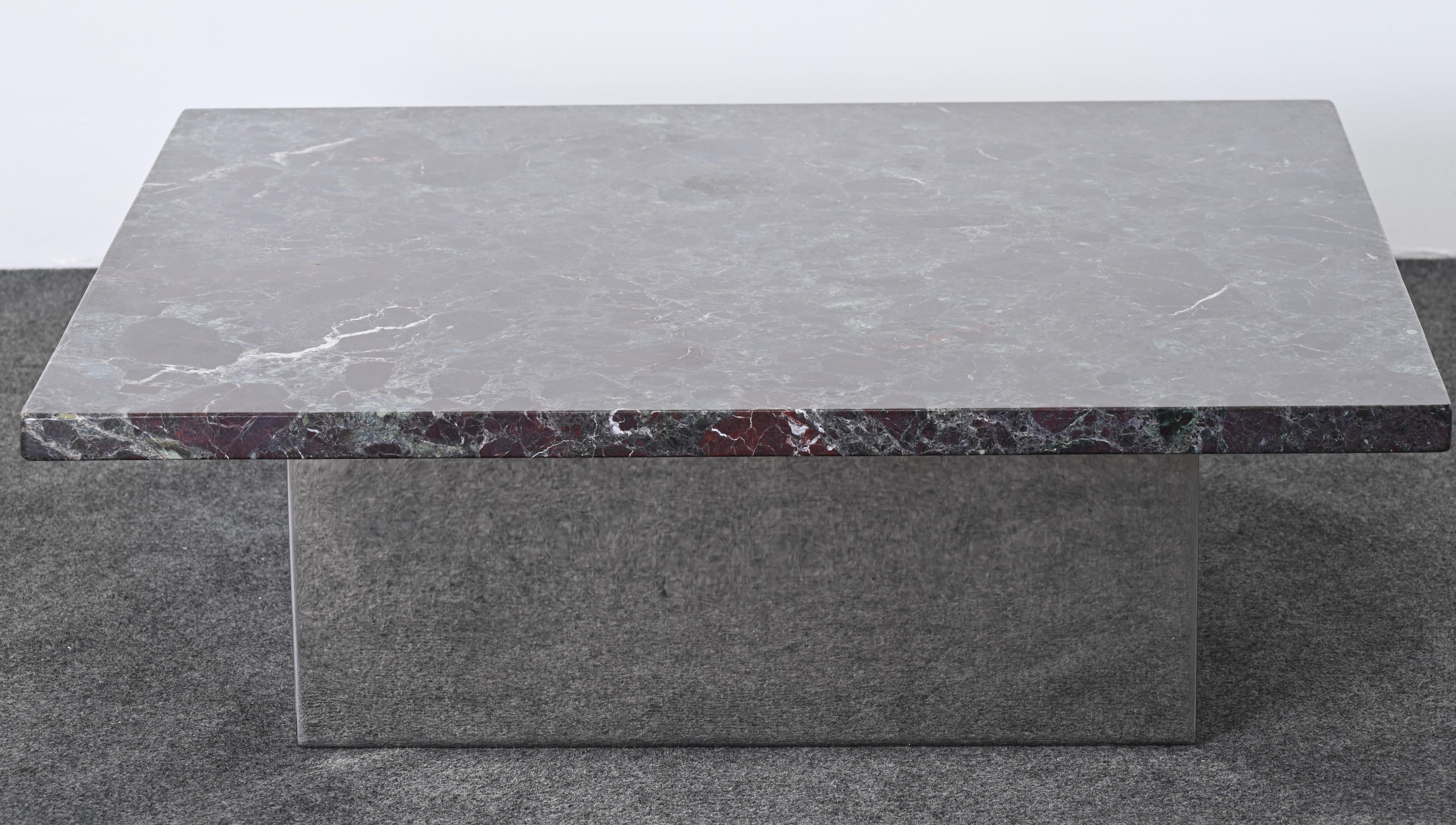Mid-Century Modern Table à cocktail en marbre et acier avec option en verre, style Brueton, années 1980 en vente