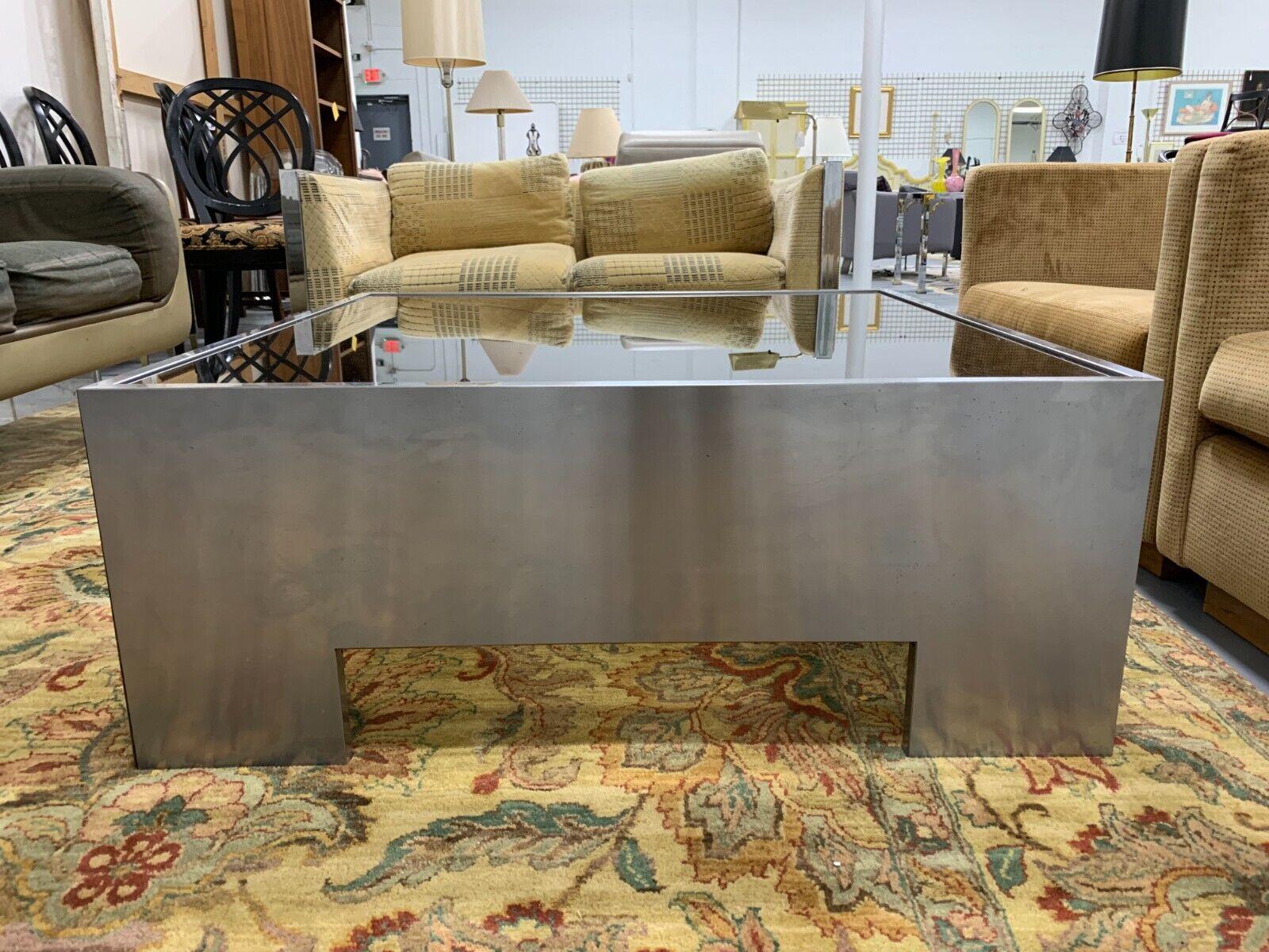 Brueton Style Smoked Glass & Stainless Steel Metal Square Coffee Table, 1970's In Good Condition In Keego Harbor, MI