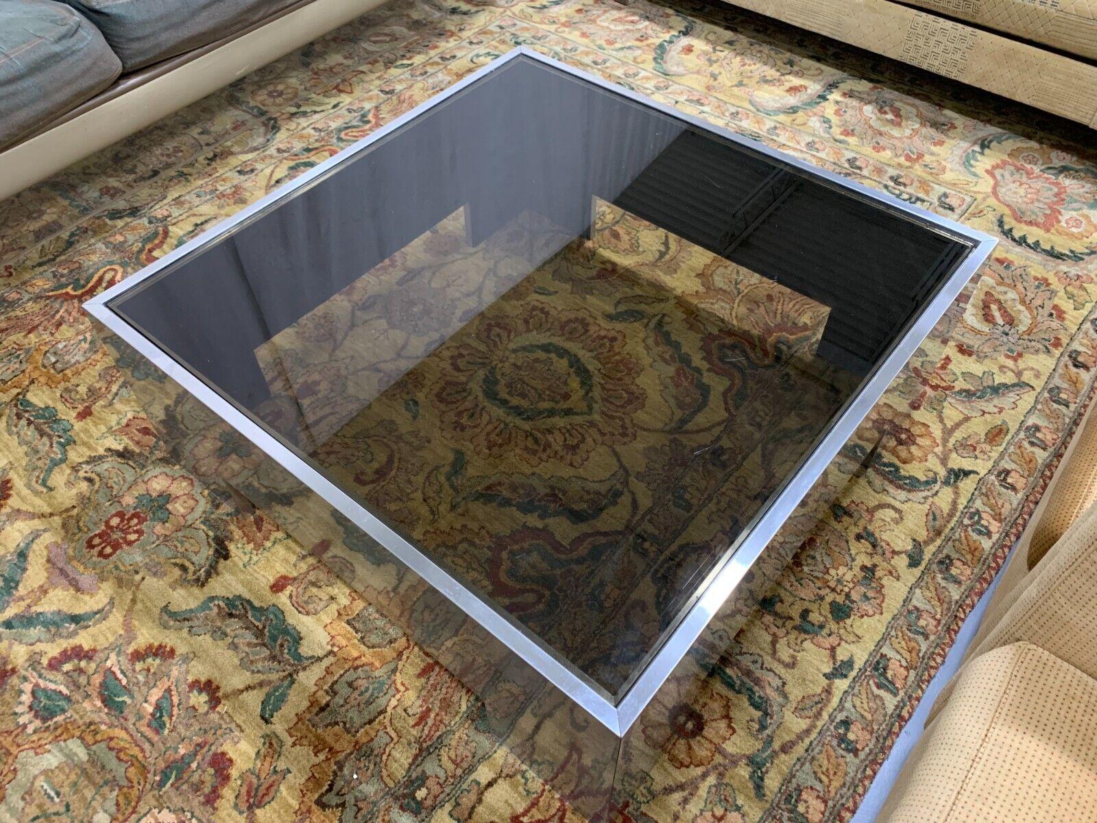 Late 20th Century Brueton Style Smoked Glass & Stainless Steel Metal Square Coffee Table, 1970's