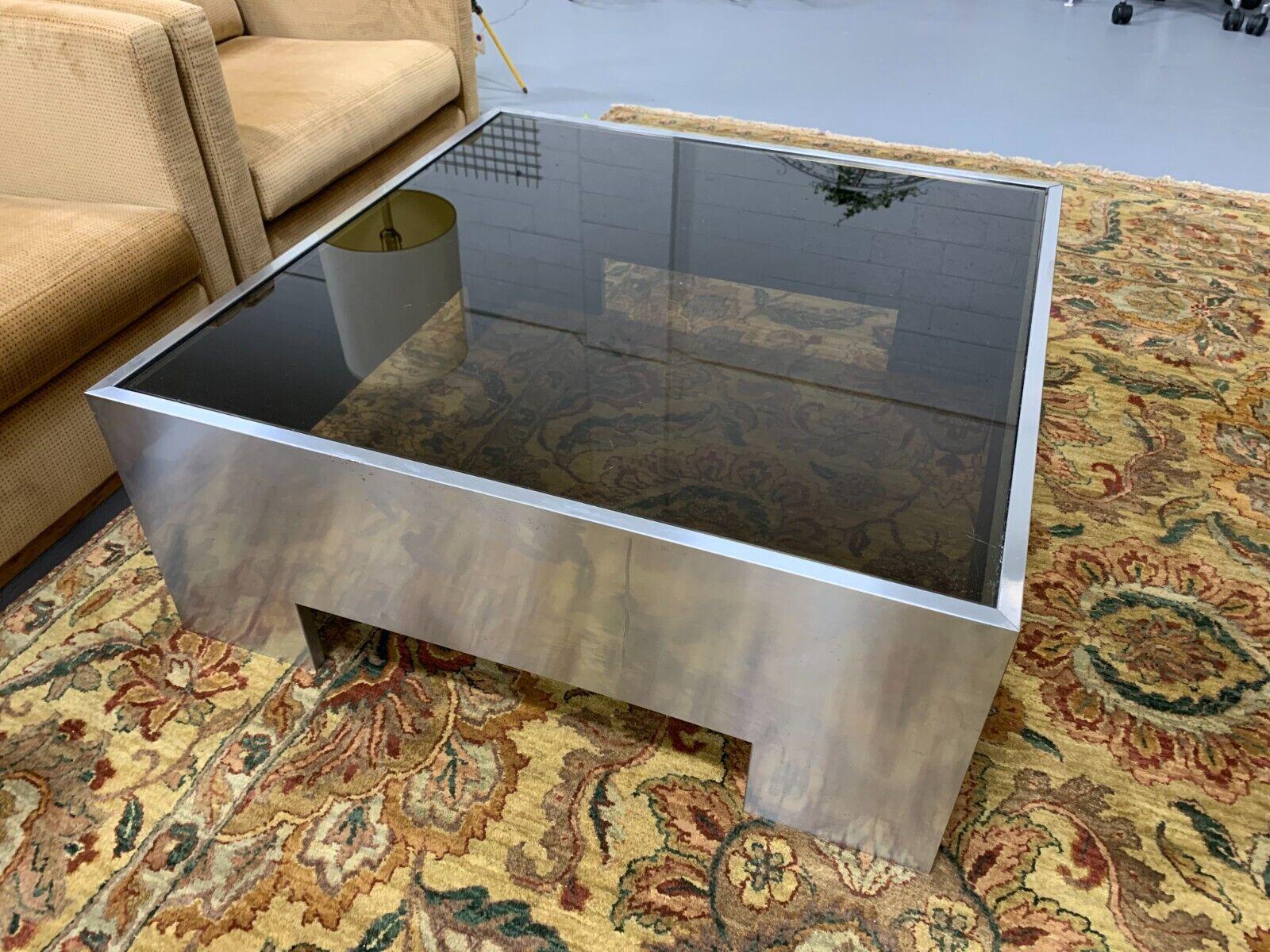 Brueton Style Smoked Glass & Stainless Steel Metal Square Coffee Table, 1970's 1