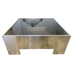 Brueton Style Smoked Glass & Stainless Steel Metal Square Coffee Table, 1970's