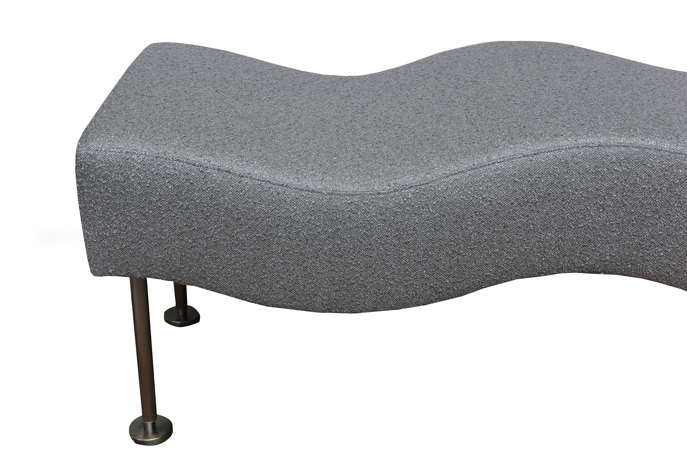 Modern Brueton Undulatus Silver Gray Boucle Upholstered Bench with Stainless Steel Legs