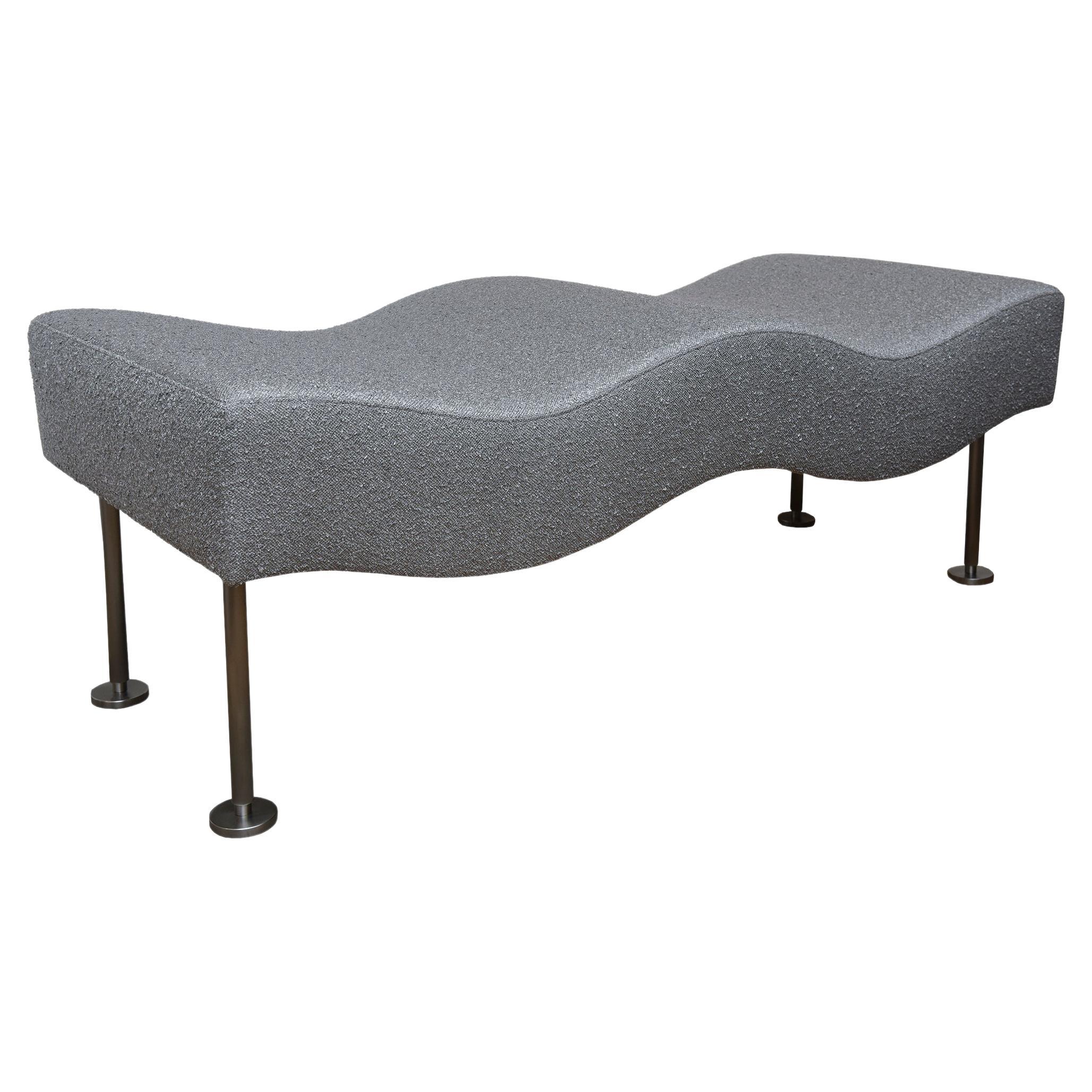 Brueton Undulatus Silver Gray Boucle Upholstered Bench with Stainless Steel Legs