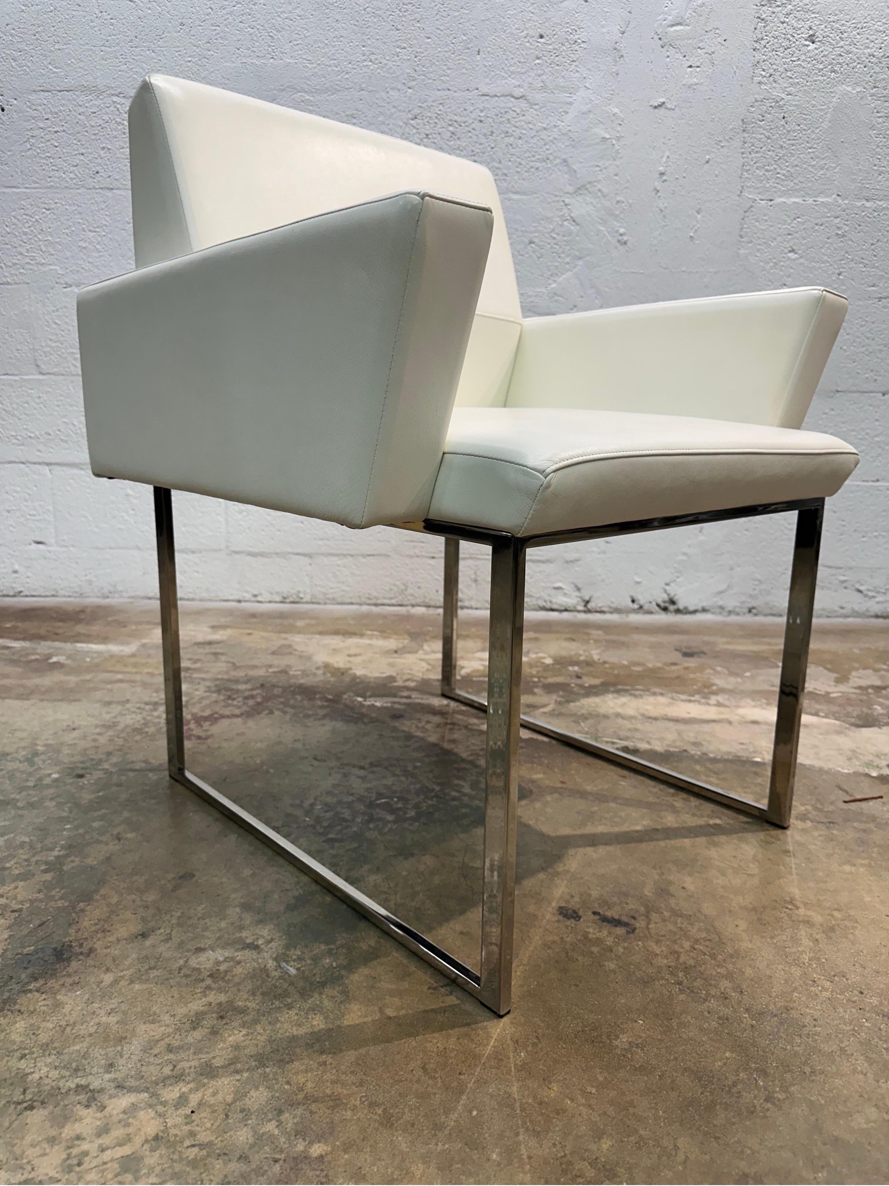 Brueton White Naugahyde and Chrome Frame Dining Arm Chairs - Ten Available For Sale 5