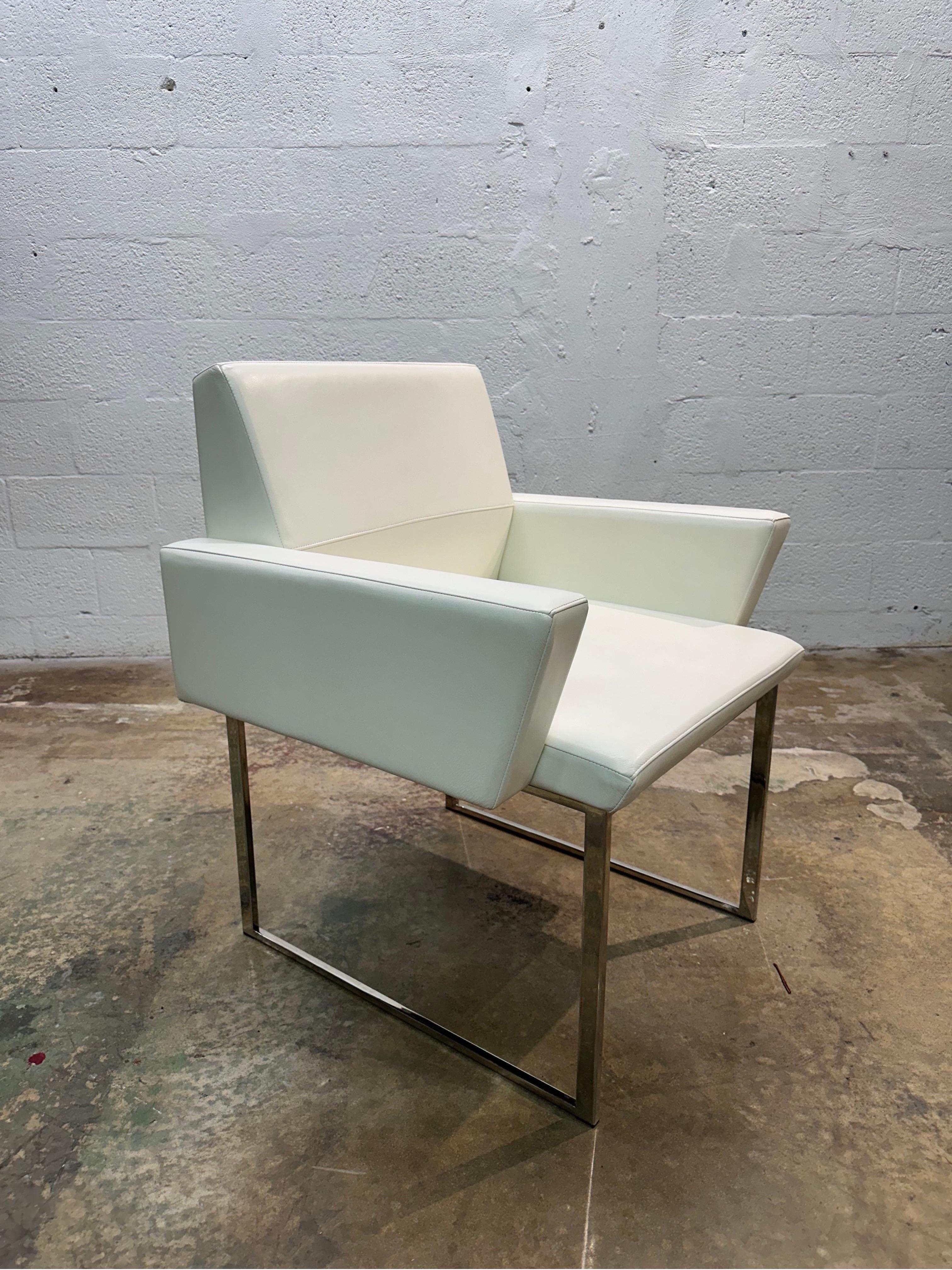 American Brueton White Naugahyde and Chrome Frame Dining Arm Chairs - Ten Available For Sale