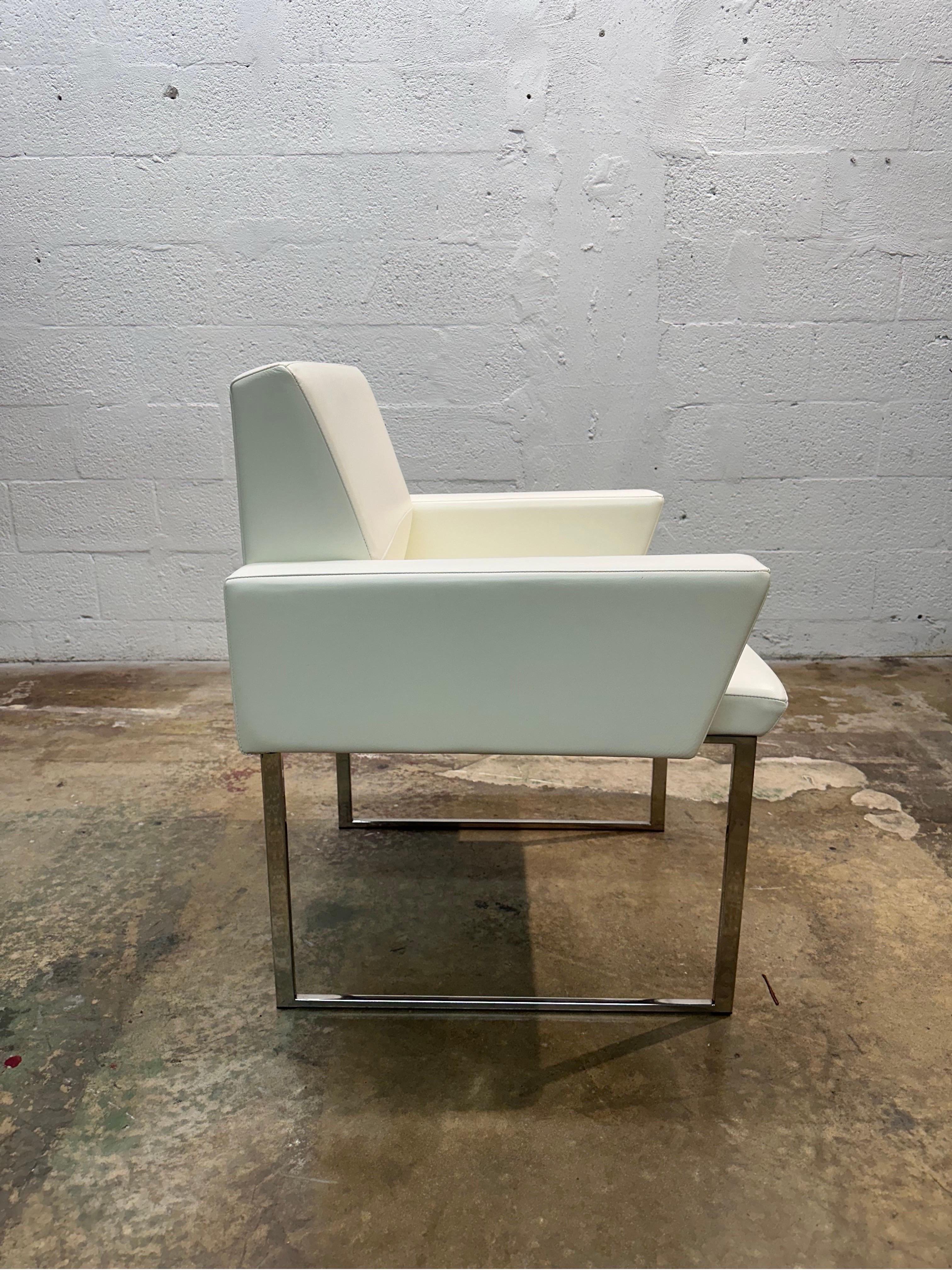 Brueton White Naugahyde and Chrome Frame Dining Arm Chairs - Ten Available In Good Condition For Sale In Miami, FL