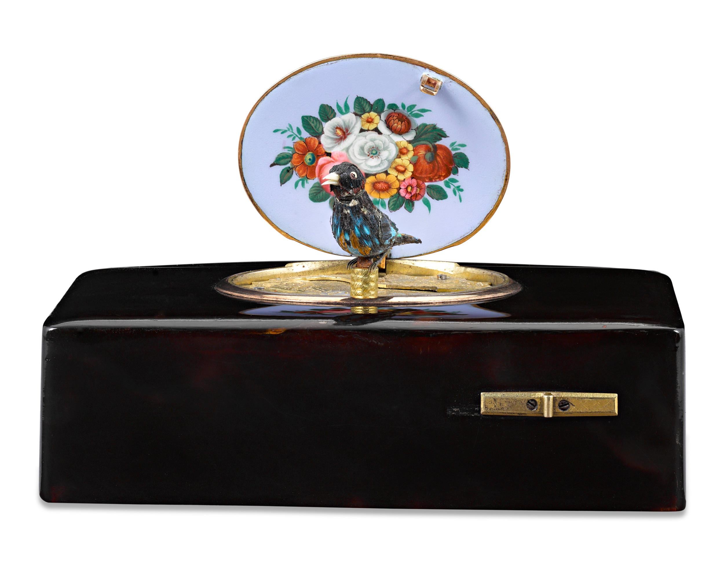 This extremely rare, early Swiss automaton singing bird box by the famed Charles Bruguier is housed in a case enveloped in luxurious tortoiseshell. Even more remarkable than its exterior is the masterpiece housed inside. With just the touch of a