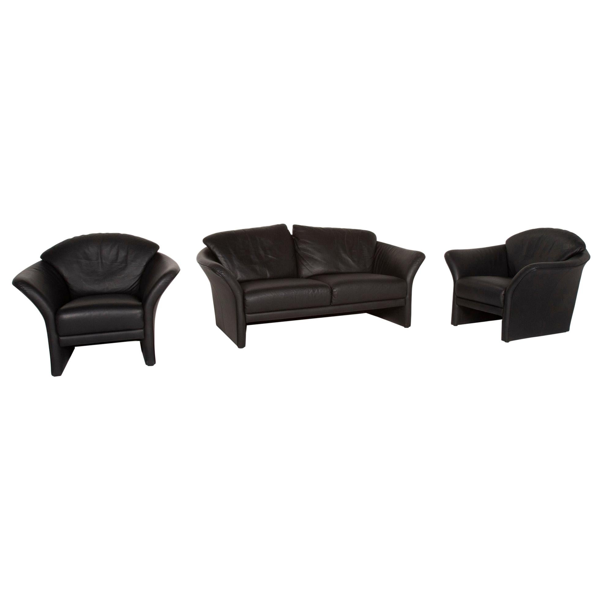 Brühl & Sippold Boa Leather Sofa Set Black Two-Seat Armchair For Sale