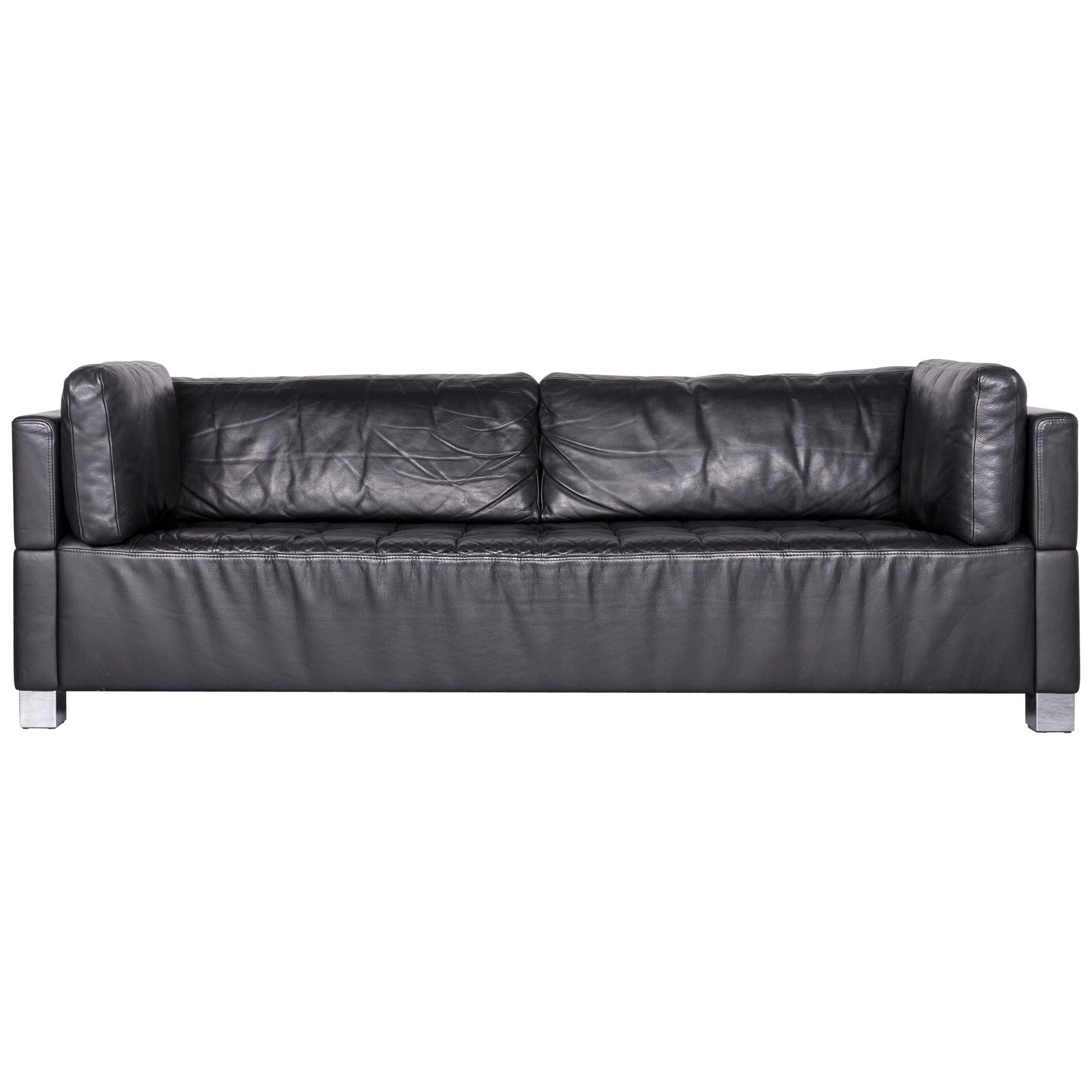 Brühl & Sippold Carrée Designer Leather Sofa Black Three-Seat Couch